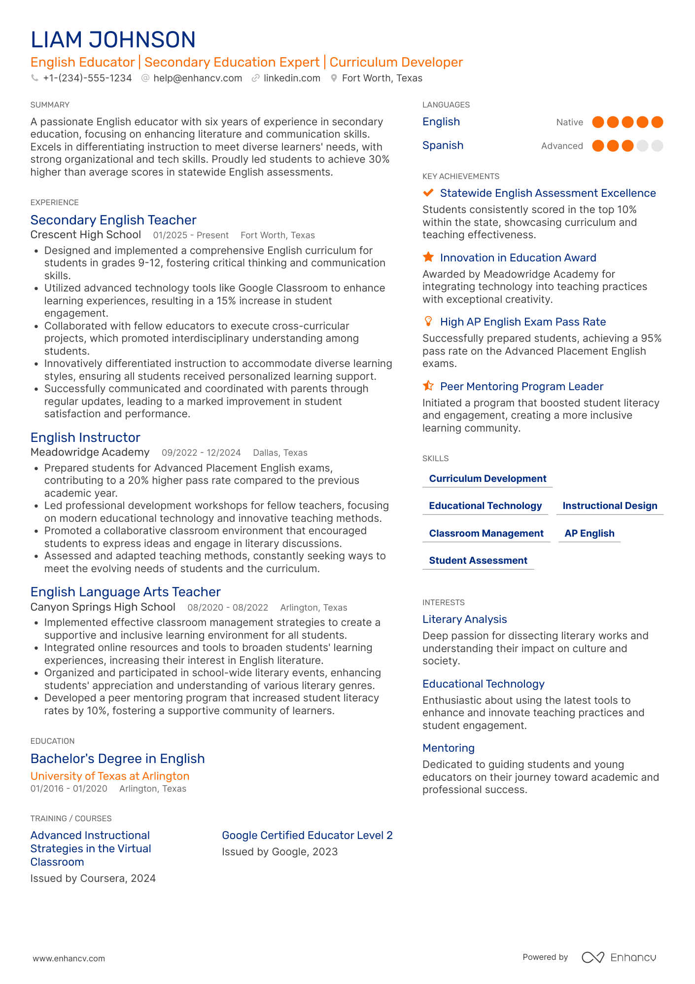 A resume example of a Secondary English Teacher