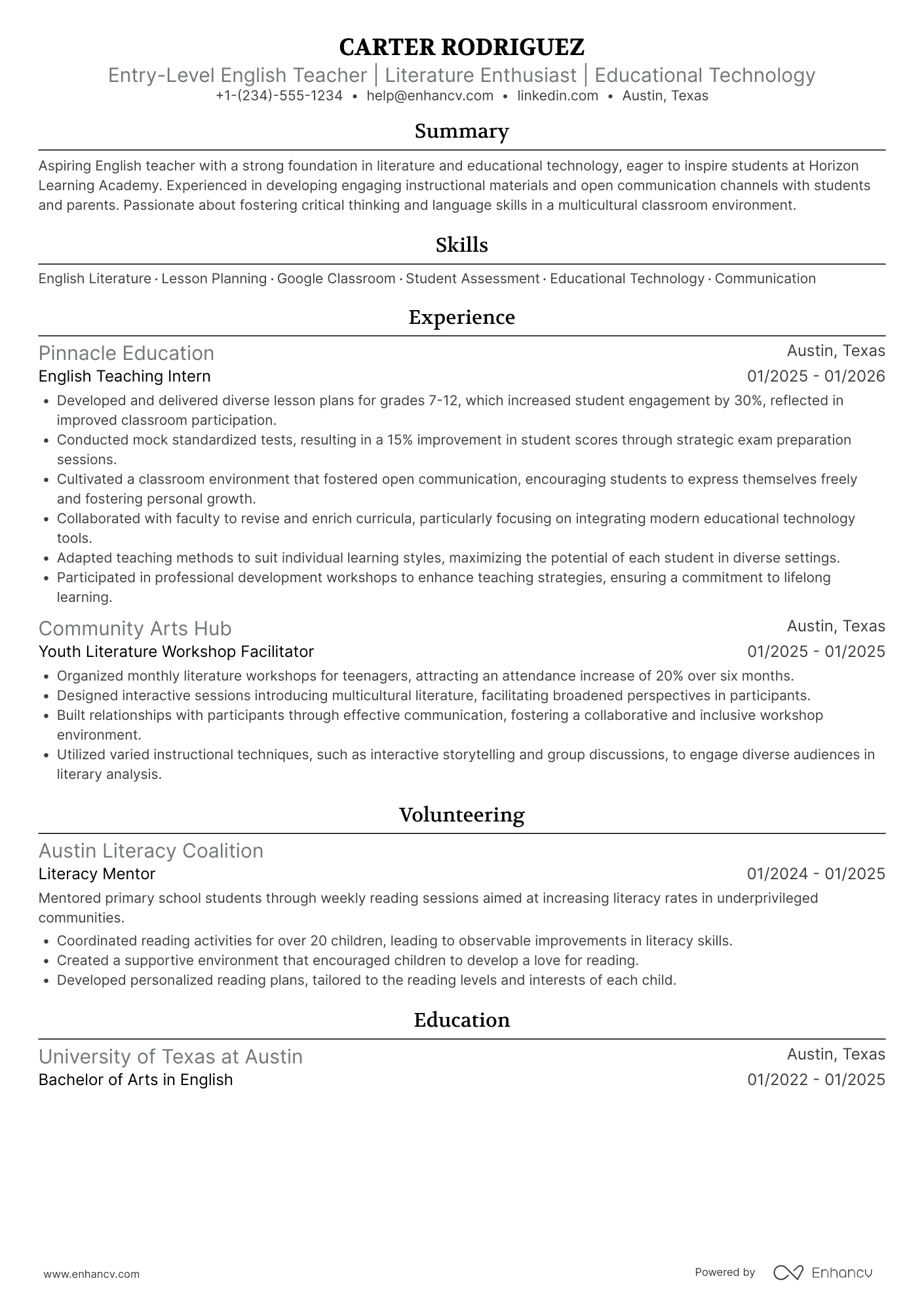 A resume example of a Entry Level English Teacher