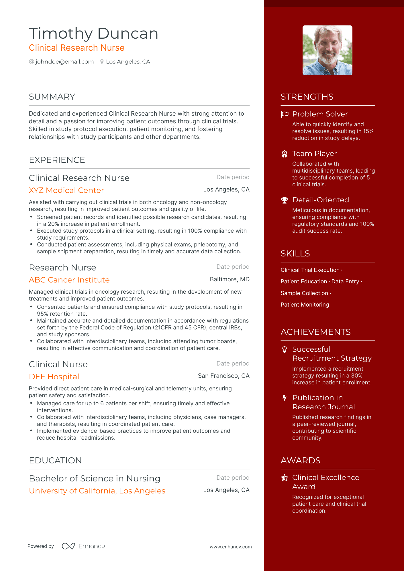 One Page Clinical Research Nurse Resume Template