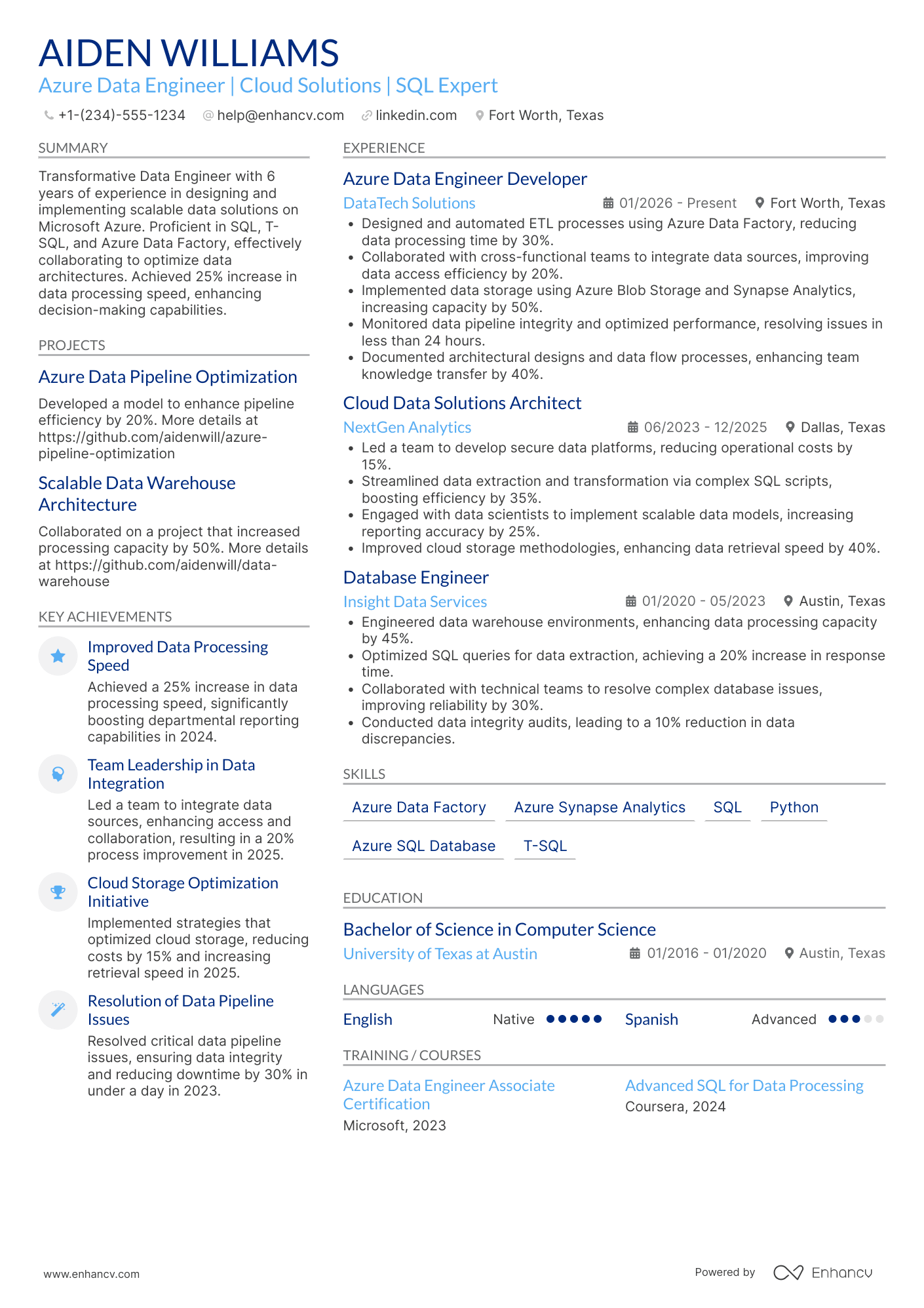 A resume example of a Azure Data Engineer Developer