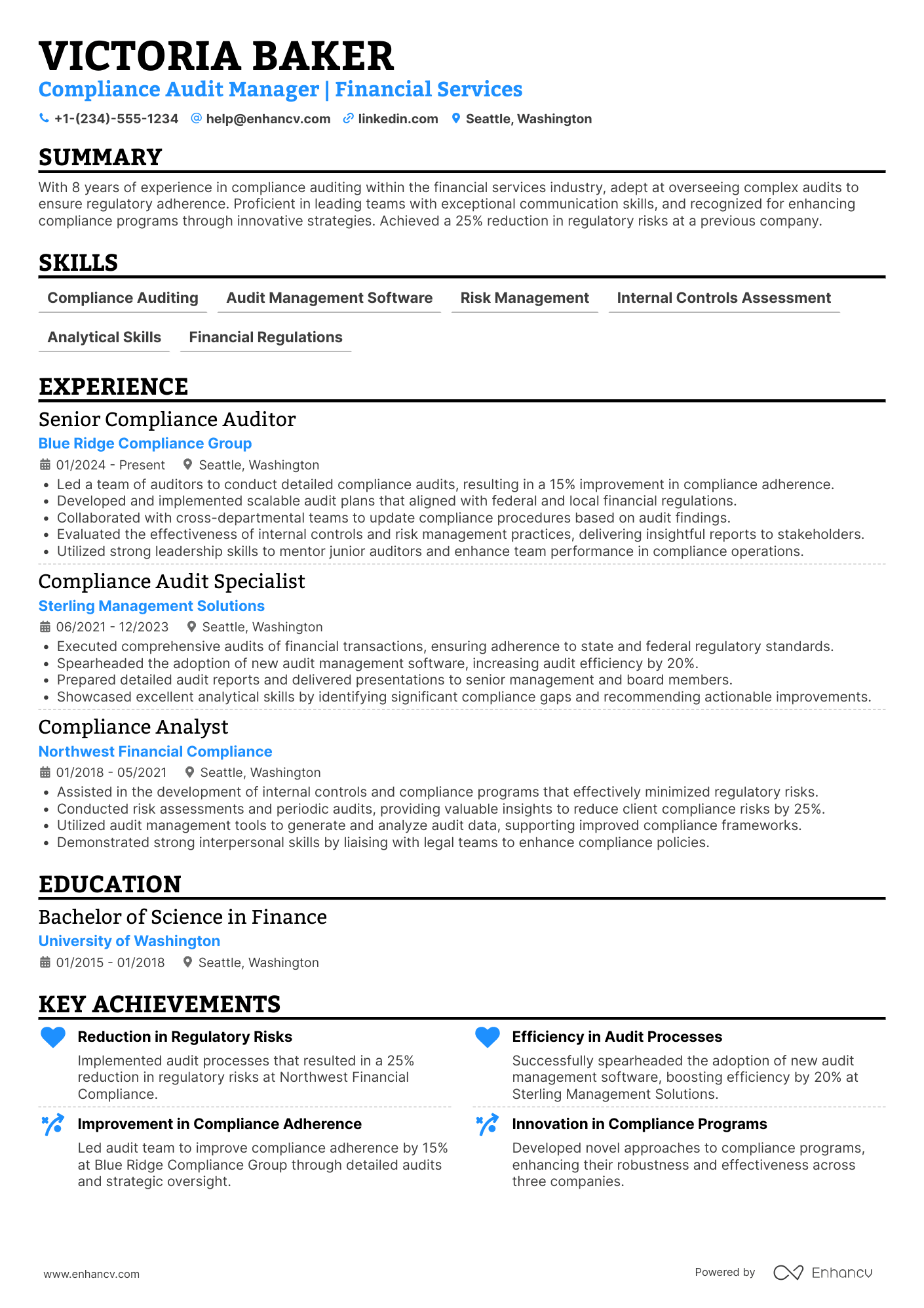 A resume example of a Compliance Audit Manager