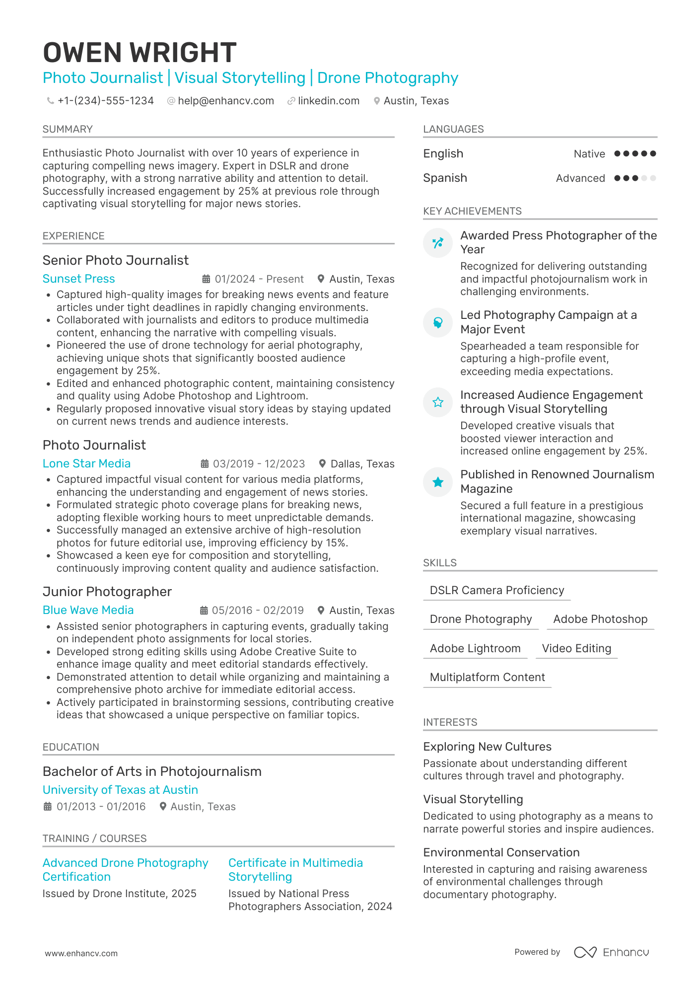 A resume example of a Photo Journalist