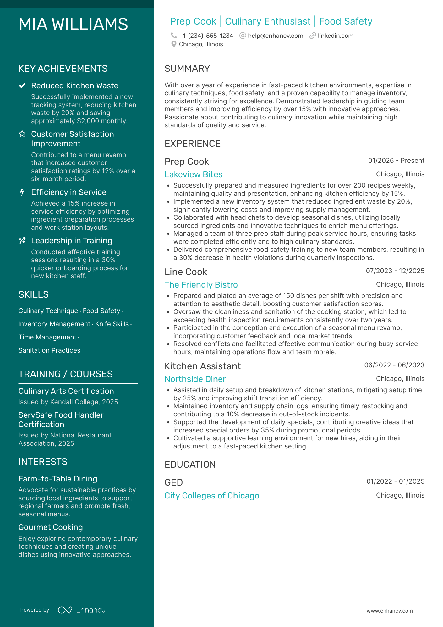 A resume example of a Weekend Prep Cook