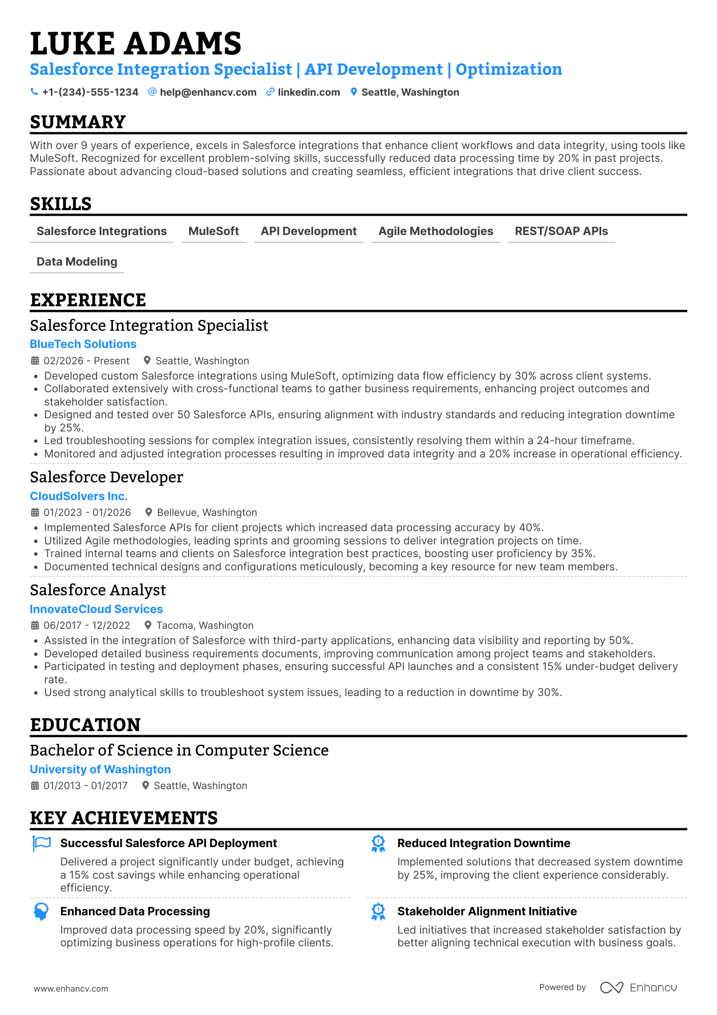 A resume example of a Salesforce Integration Specialist