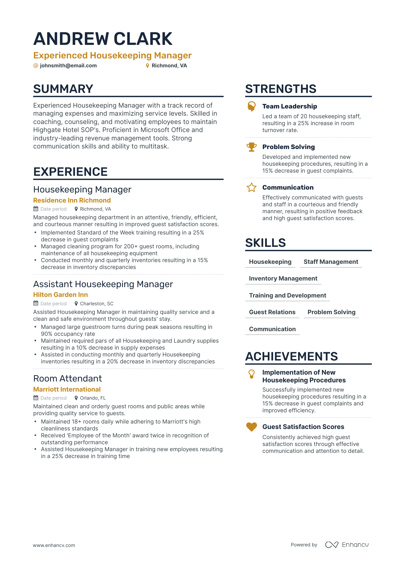 Simple Housekeeping Manager Resume Template