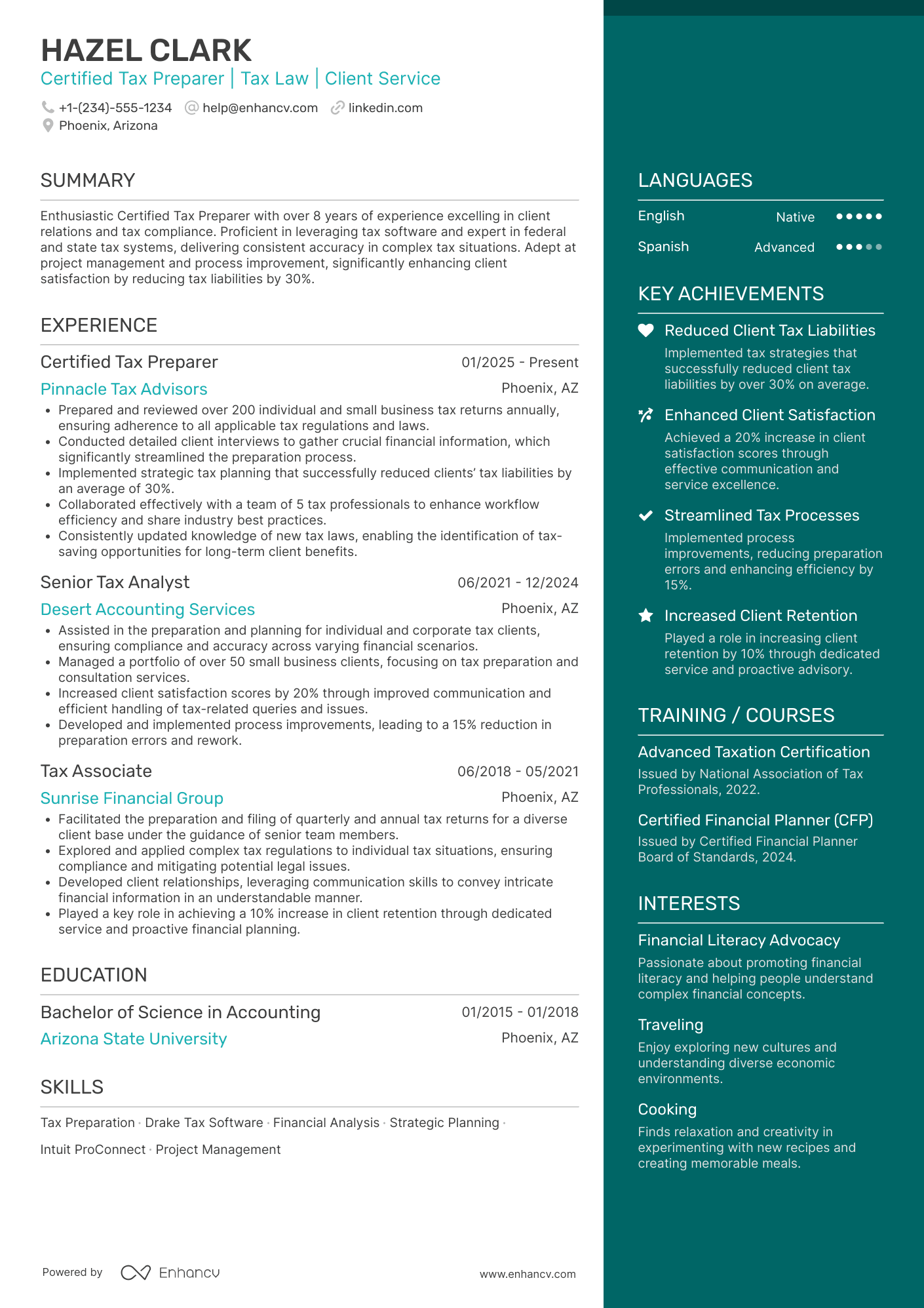 A resume example of a Certified Tax Preparer