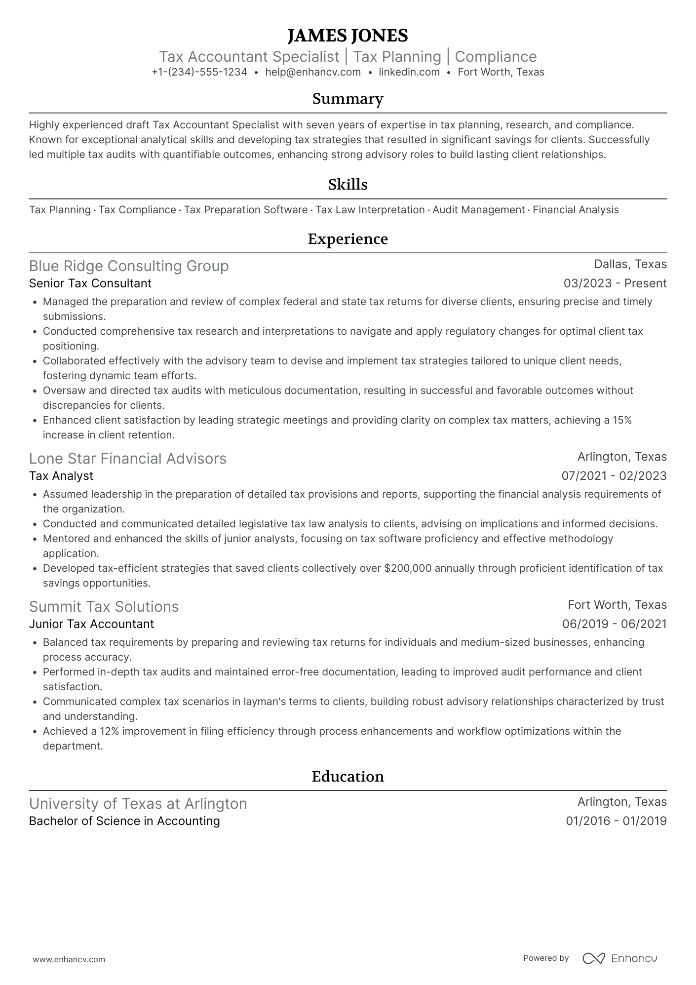 A resume example of a Tax Accountant Specialist