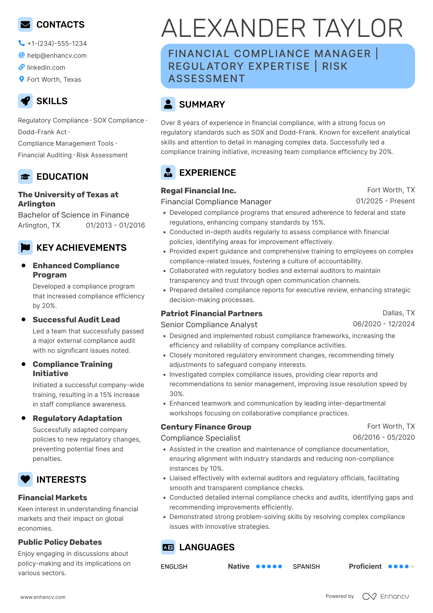 A resume example of a Financial Compliance Manager