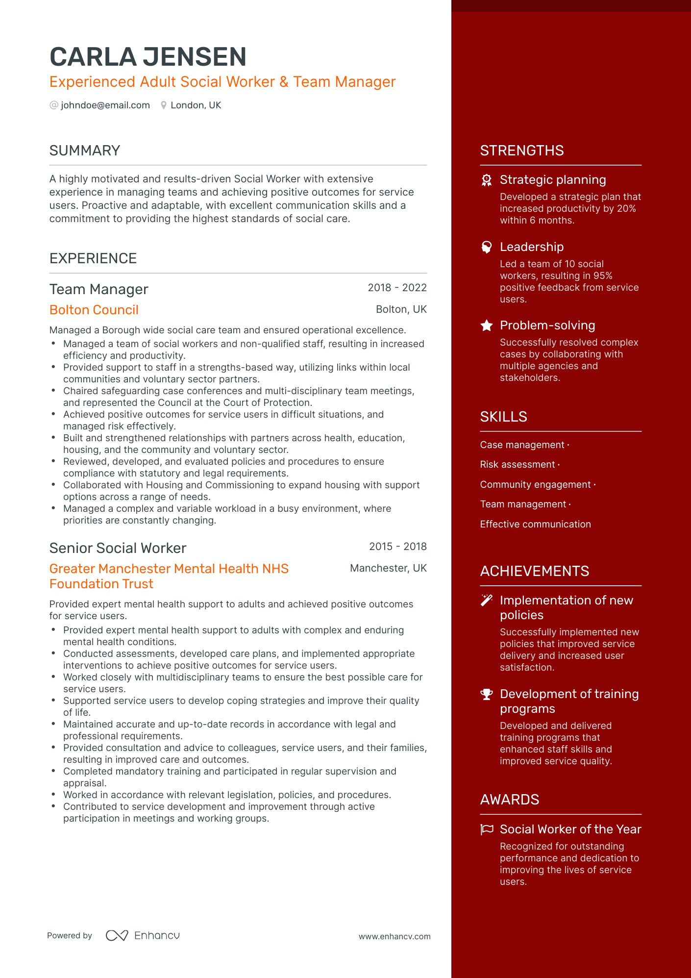 One Page Team Manager Resume Template