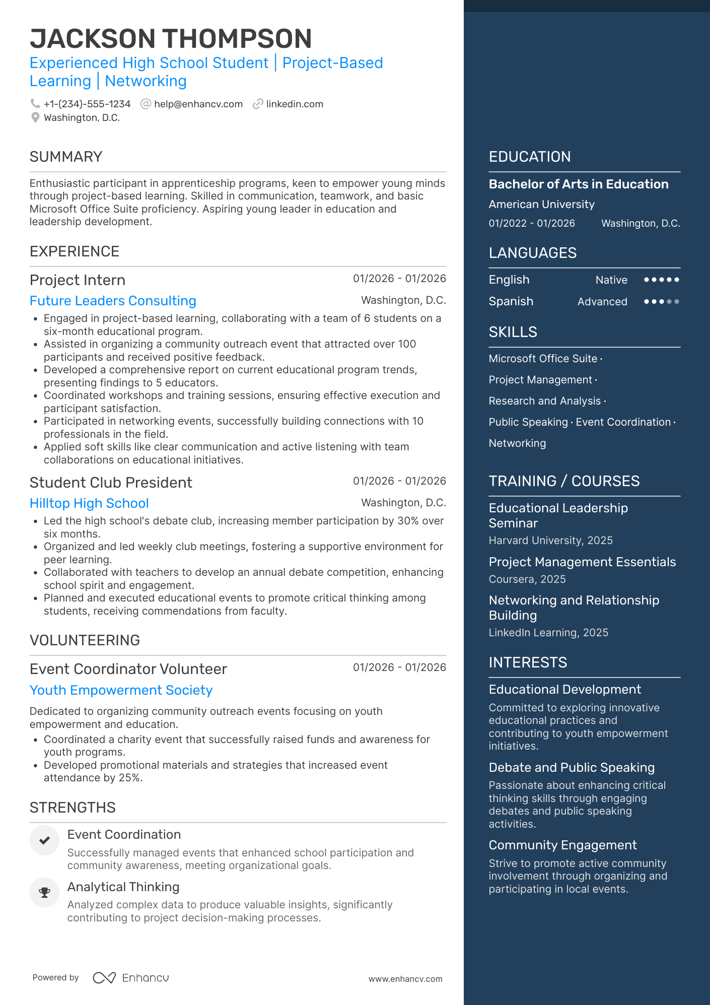 A resume example of a Experienced High School Student