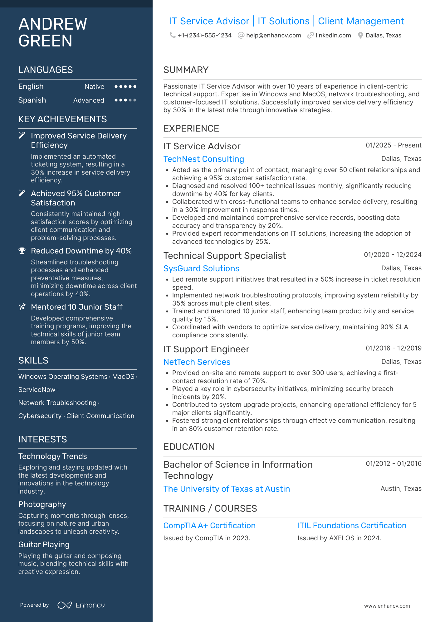 A resume example of a IT Service Advisor