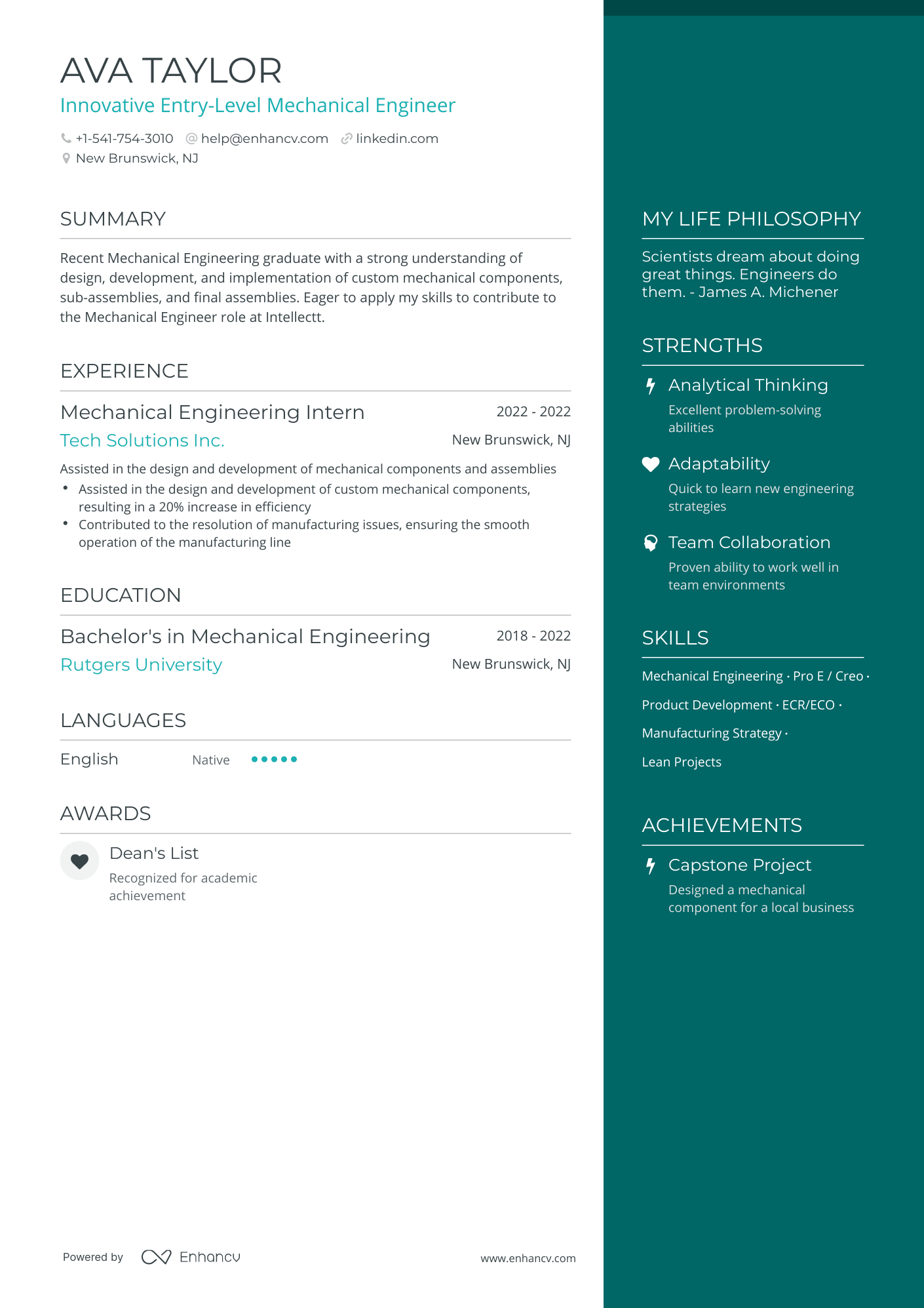 One Page Entry Level Mechanical Engineer Resume Template