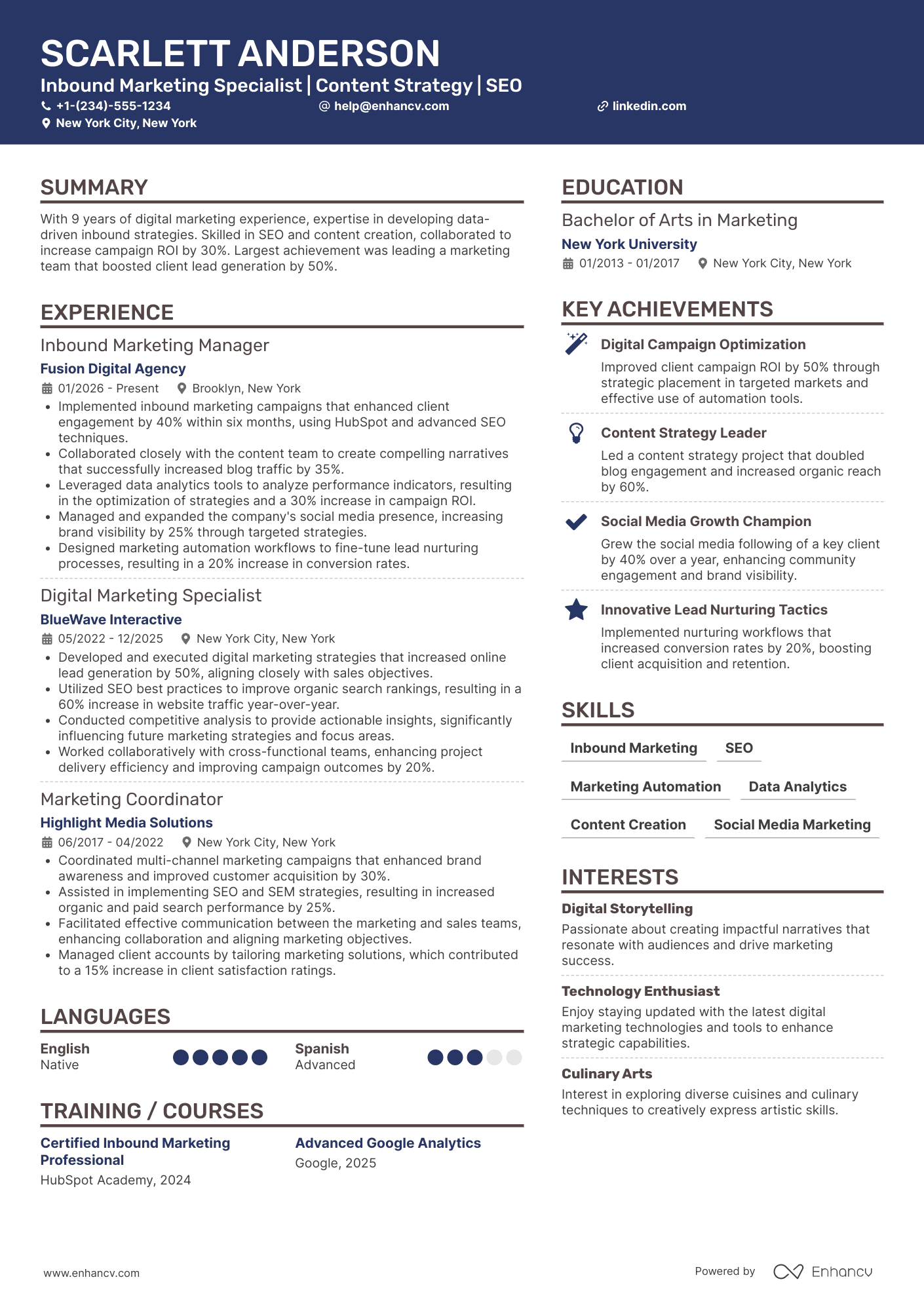 A resume example of a Inbound Marketing Specialist