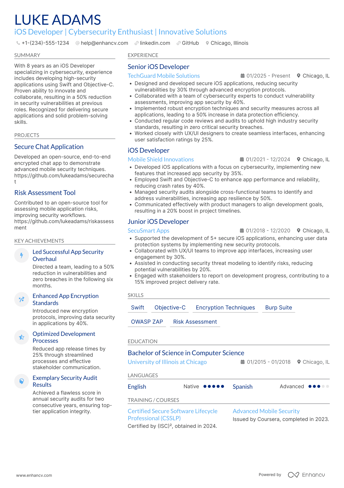 A resume example of a iOS Developer, Cybersecurity