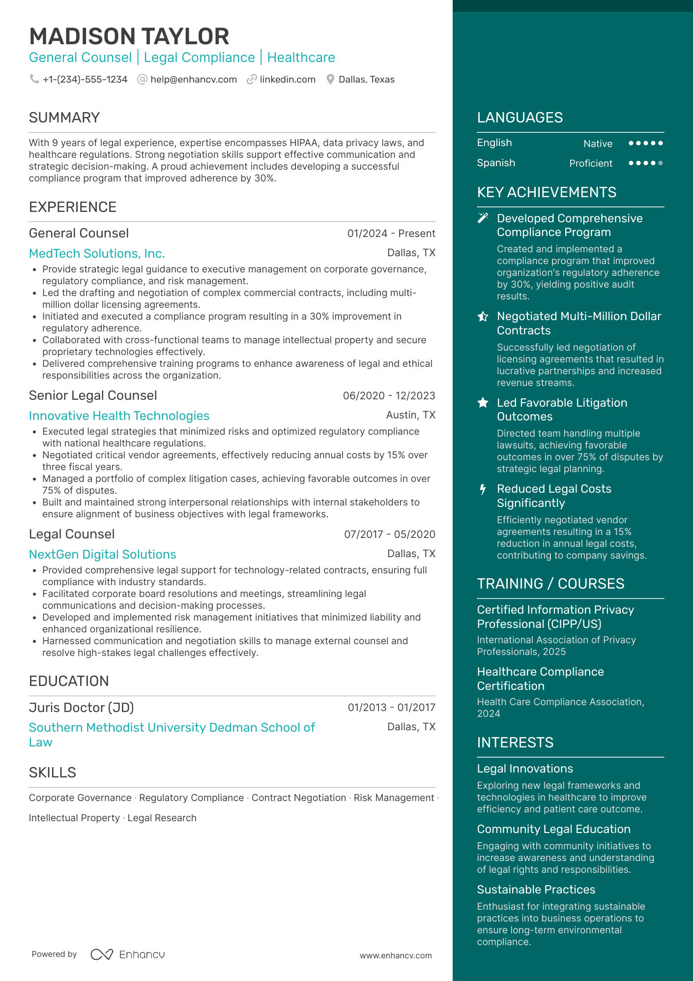 A resume example of a General Counsel