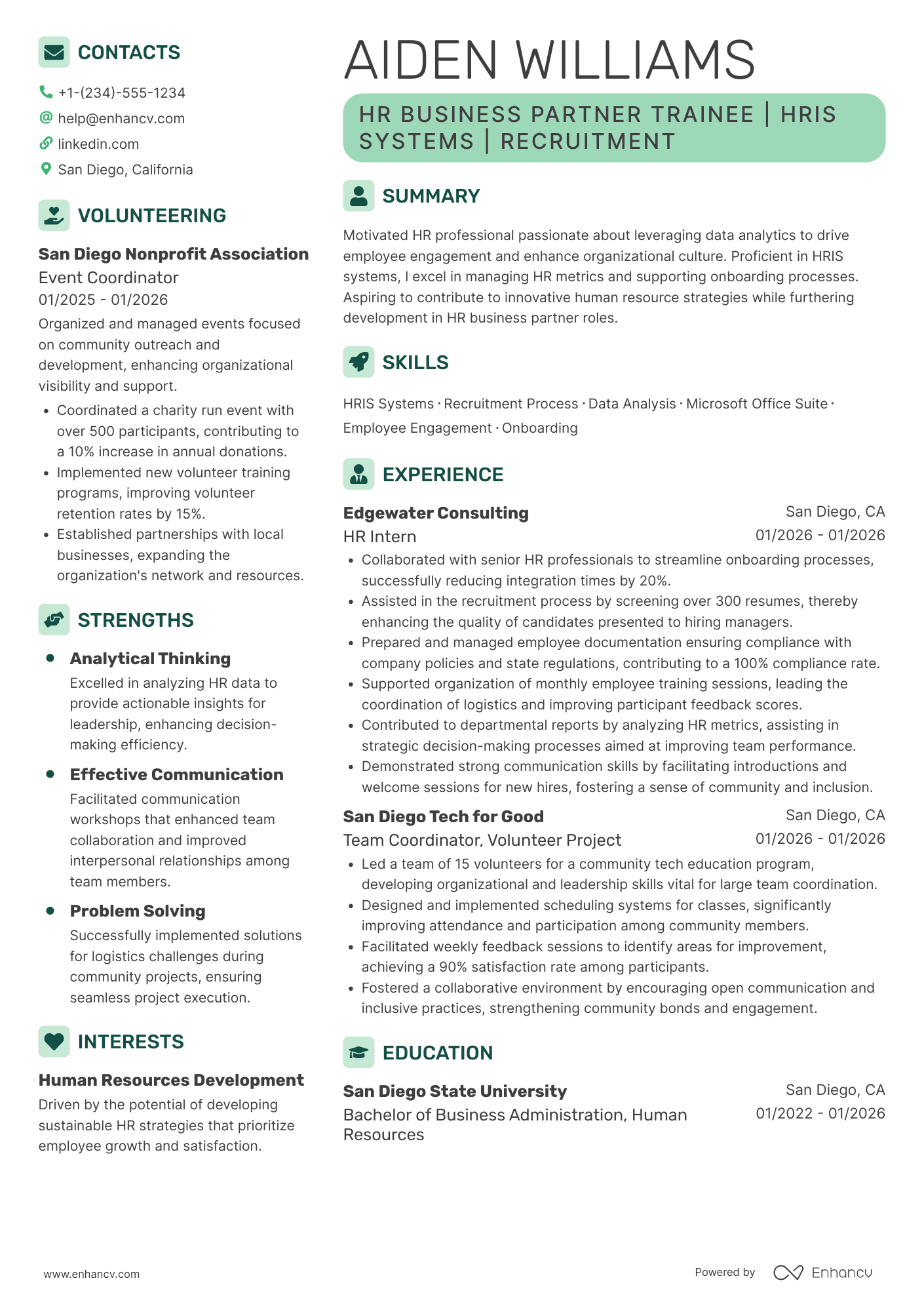 A resume example of a HR Business Partner Trainee