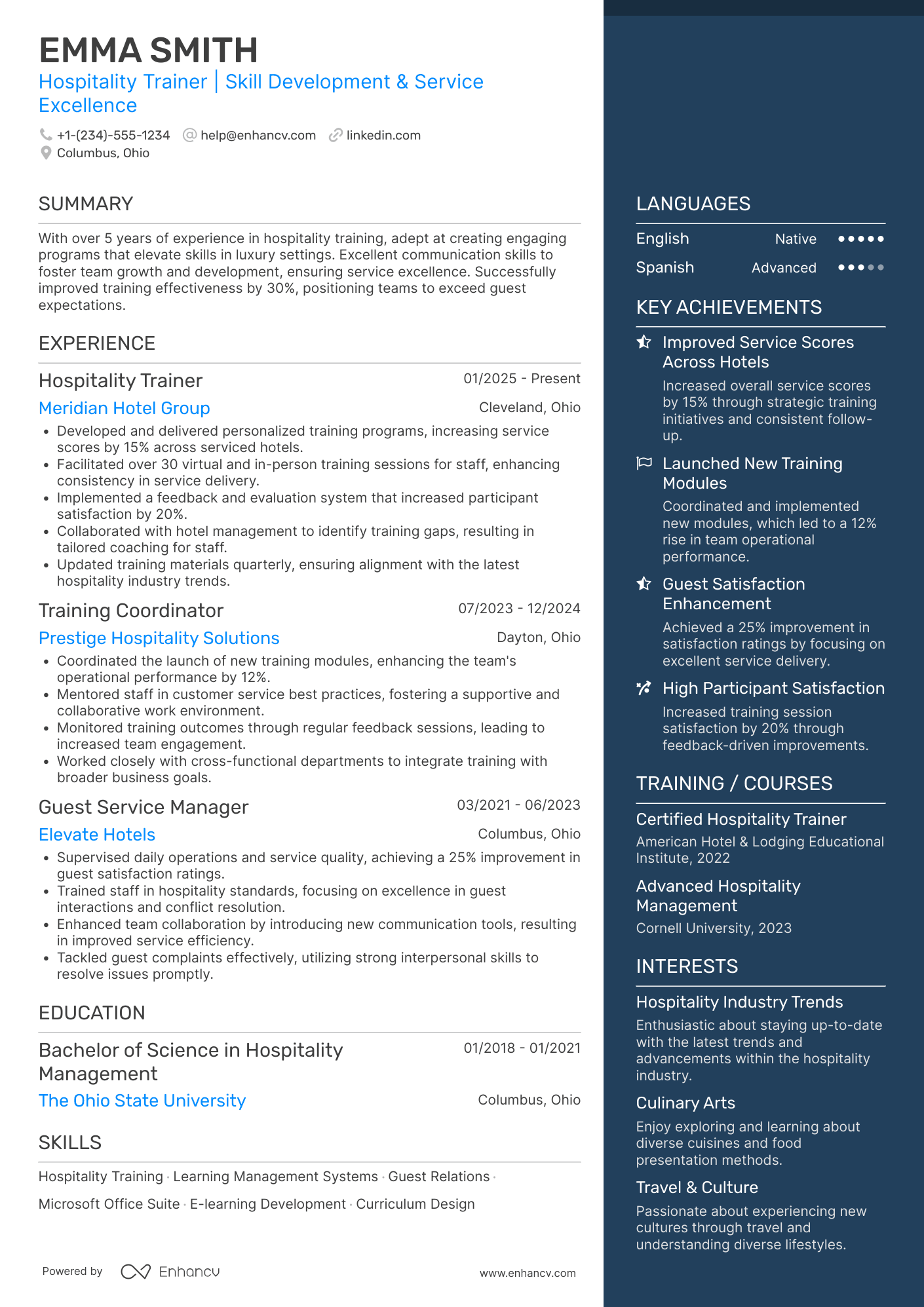 A resume example of a Hospitality Trainer