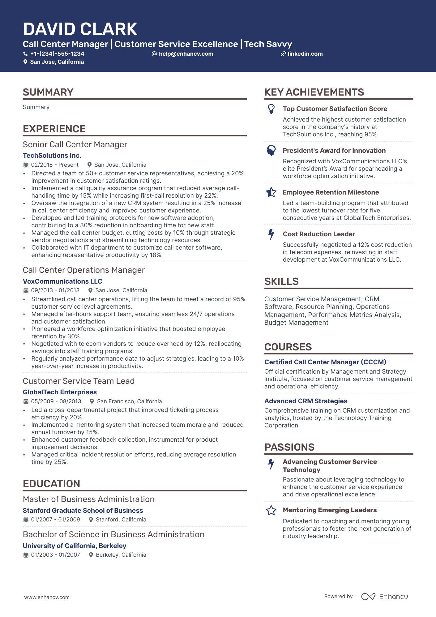 resume examples for call center manager