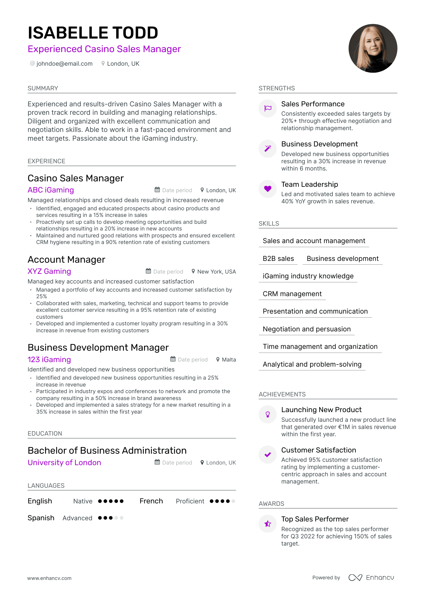 Modern Casino Manager Resume Template