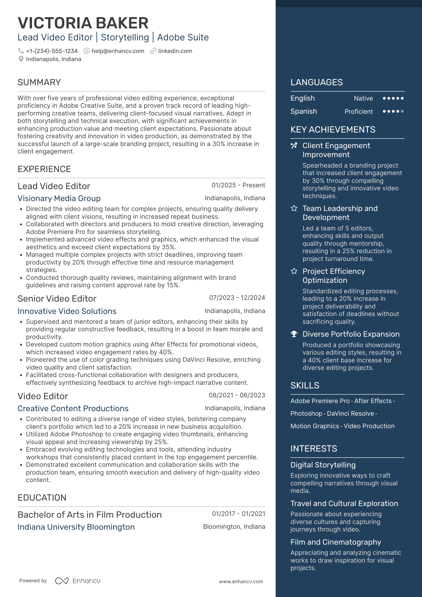 A resume example of a Lead Video Editor