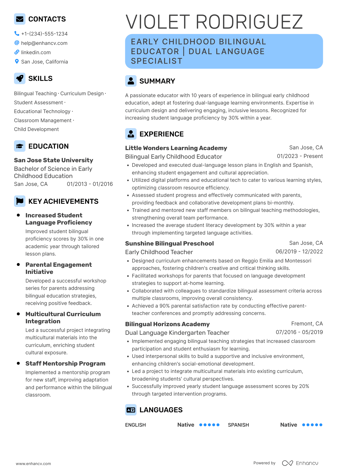 A resume example of a Early Childhood Bilingual Teacher