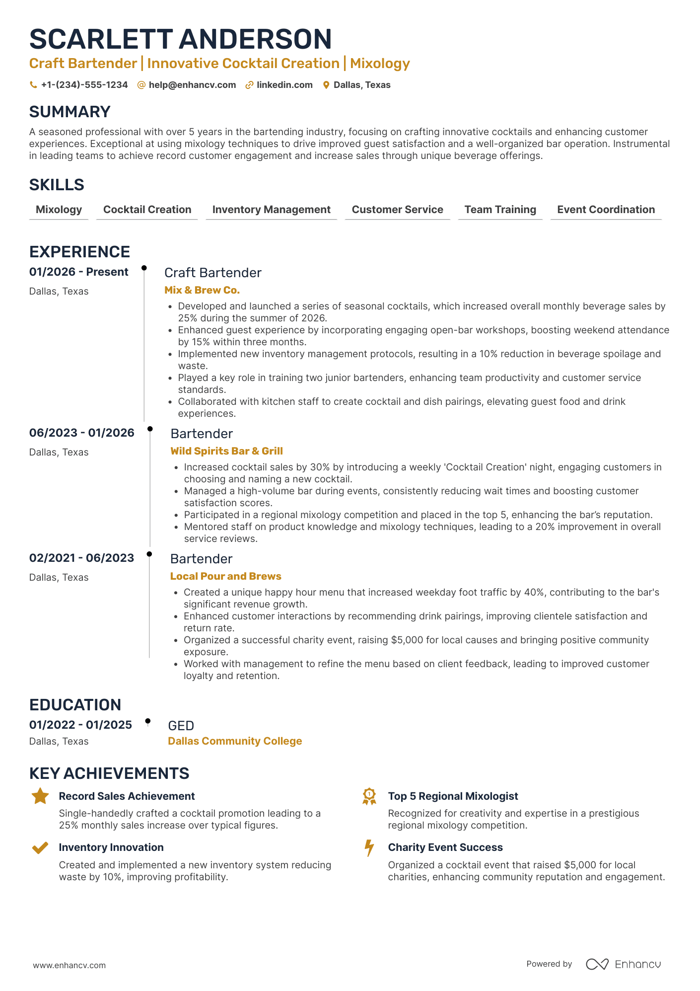 A resume example of a Craft Bartender