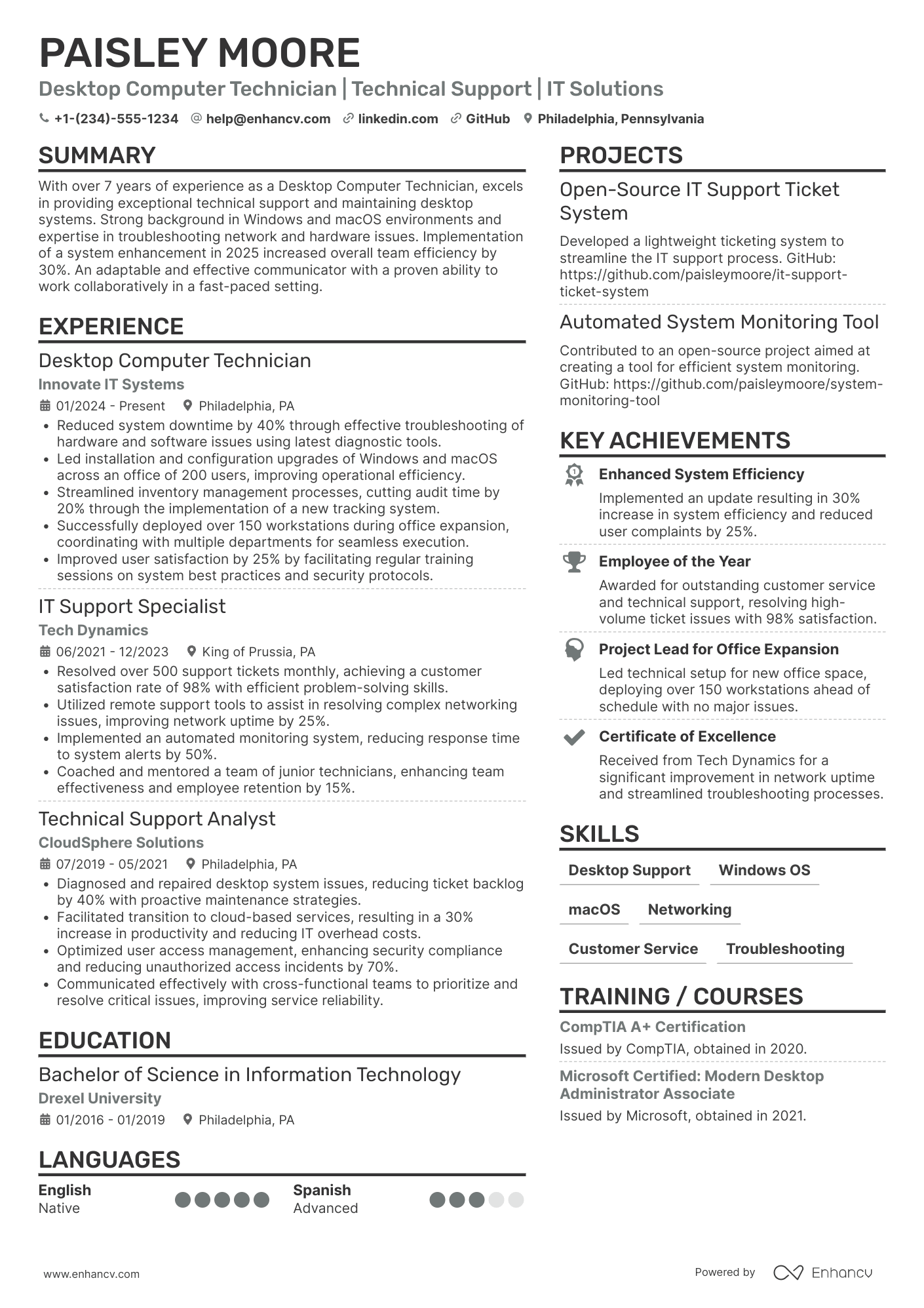 A resume example of a Desktop Computer Technician