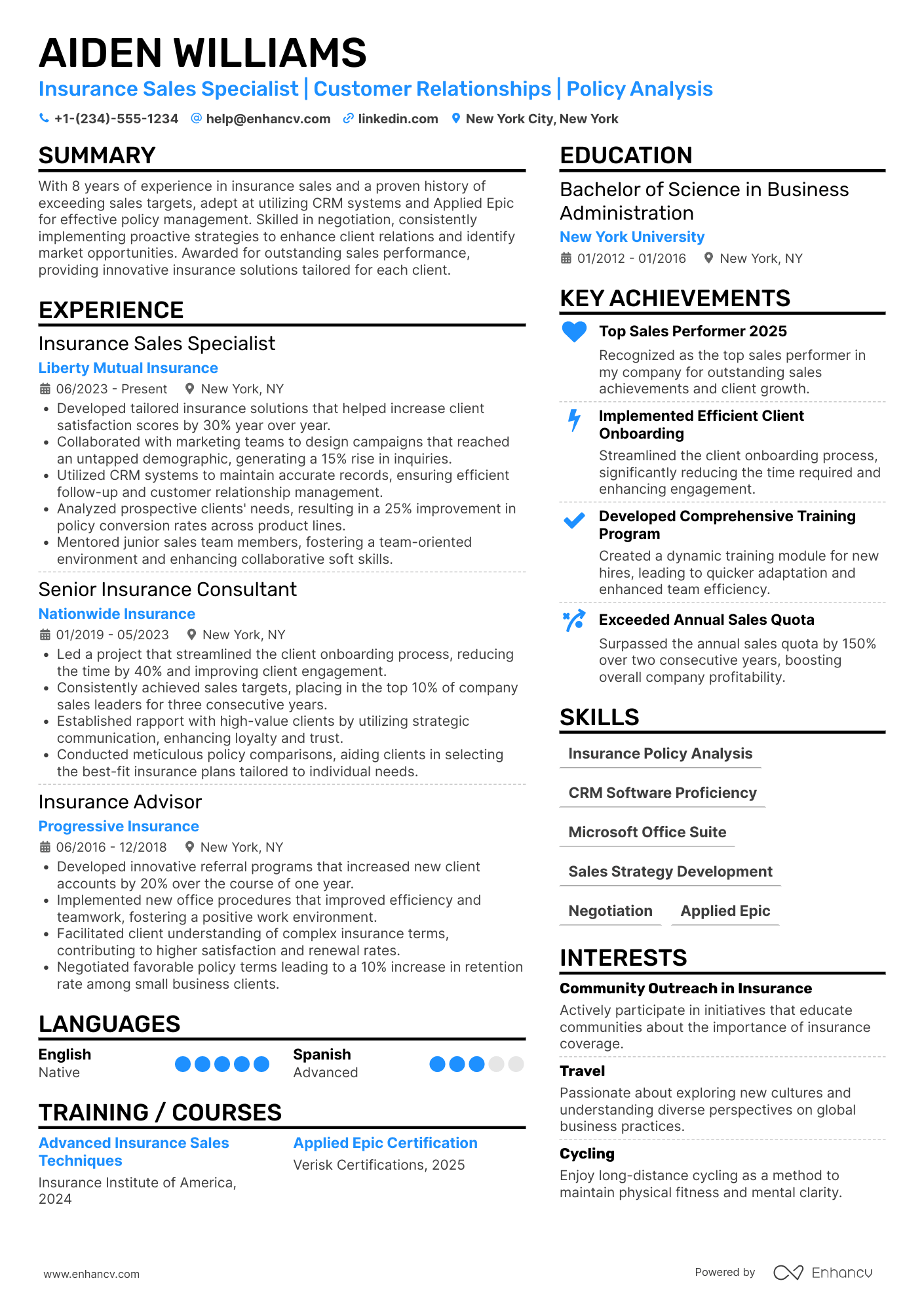 A resume example of a Insurance Sales Agent