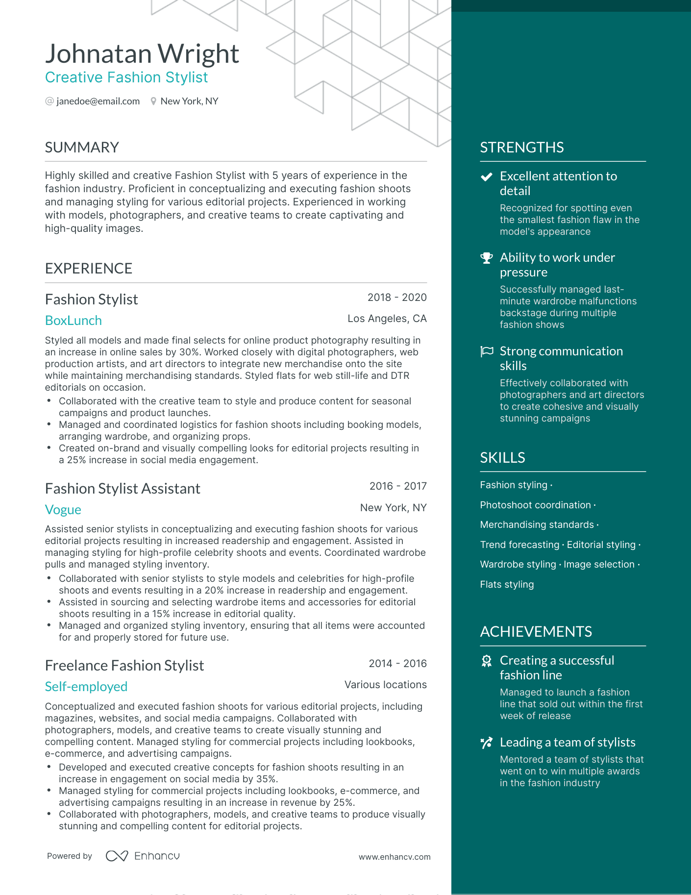 One Page Fashion Stylist Resume Template