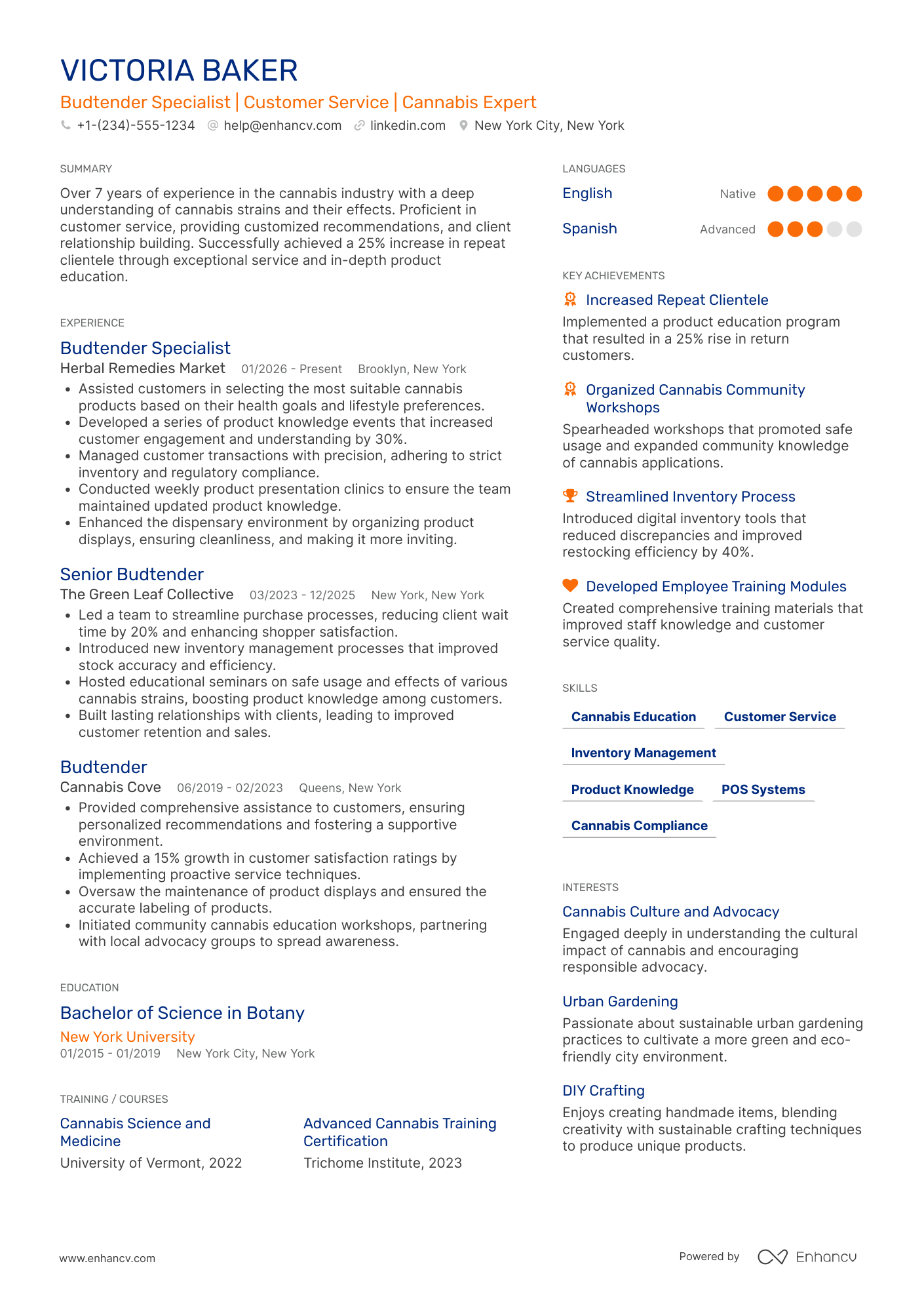 A resume example of a Budtender Specialist