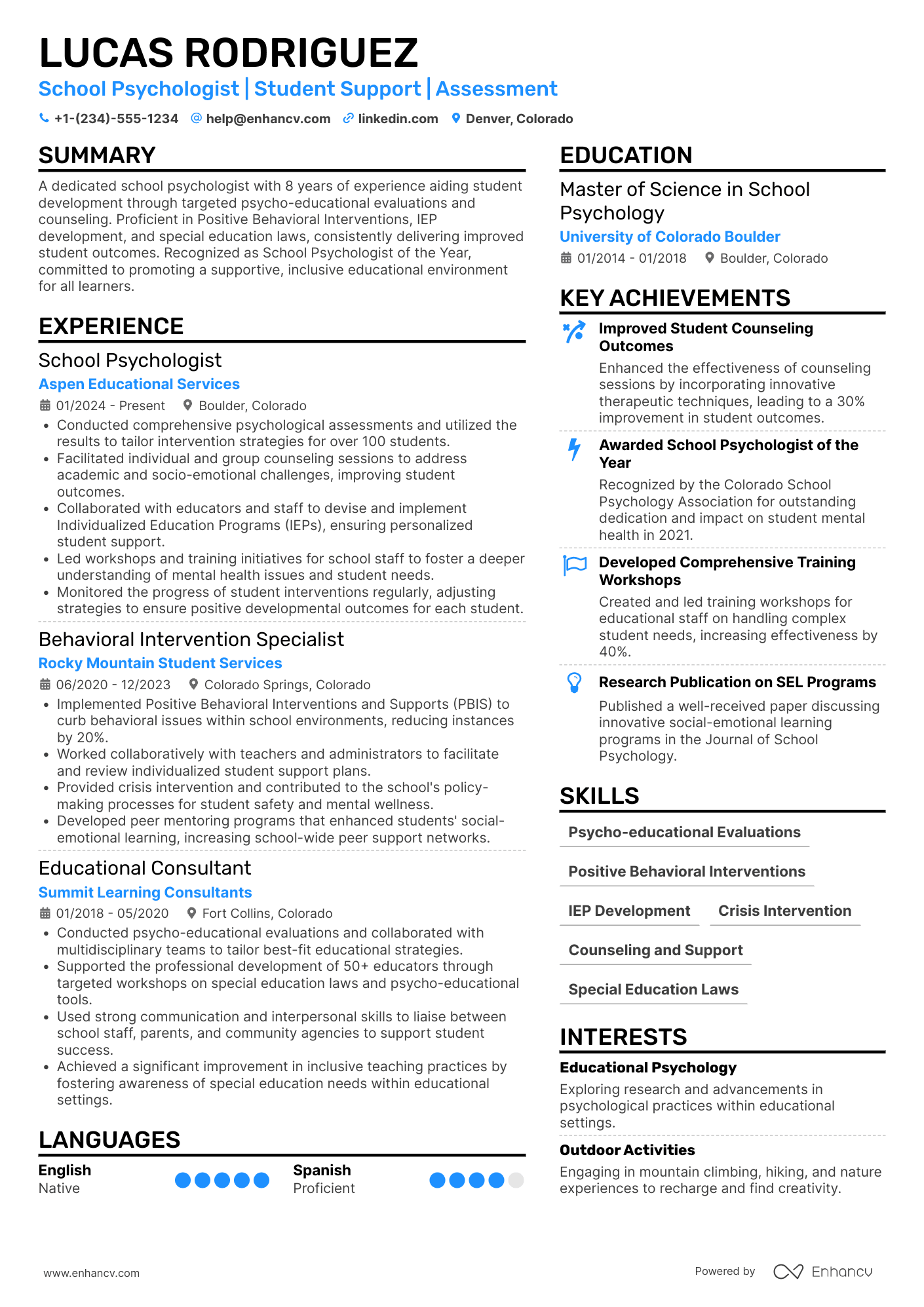A resume example of a School Psychologist