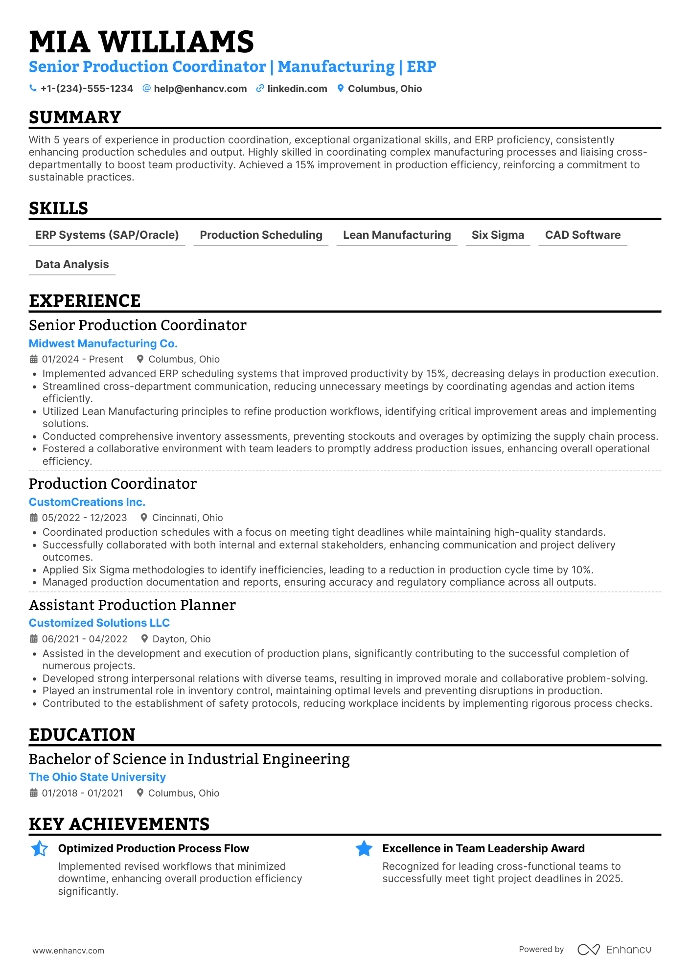 A resume example of a Senior Production Coordinator