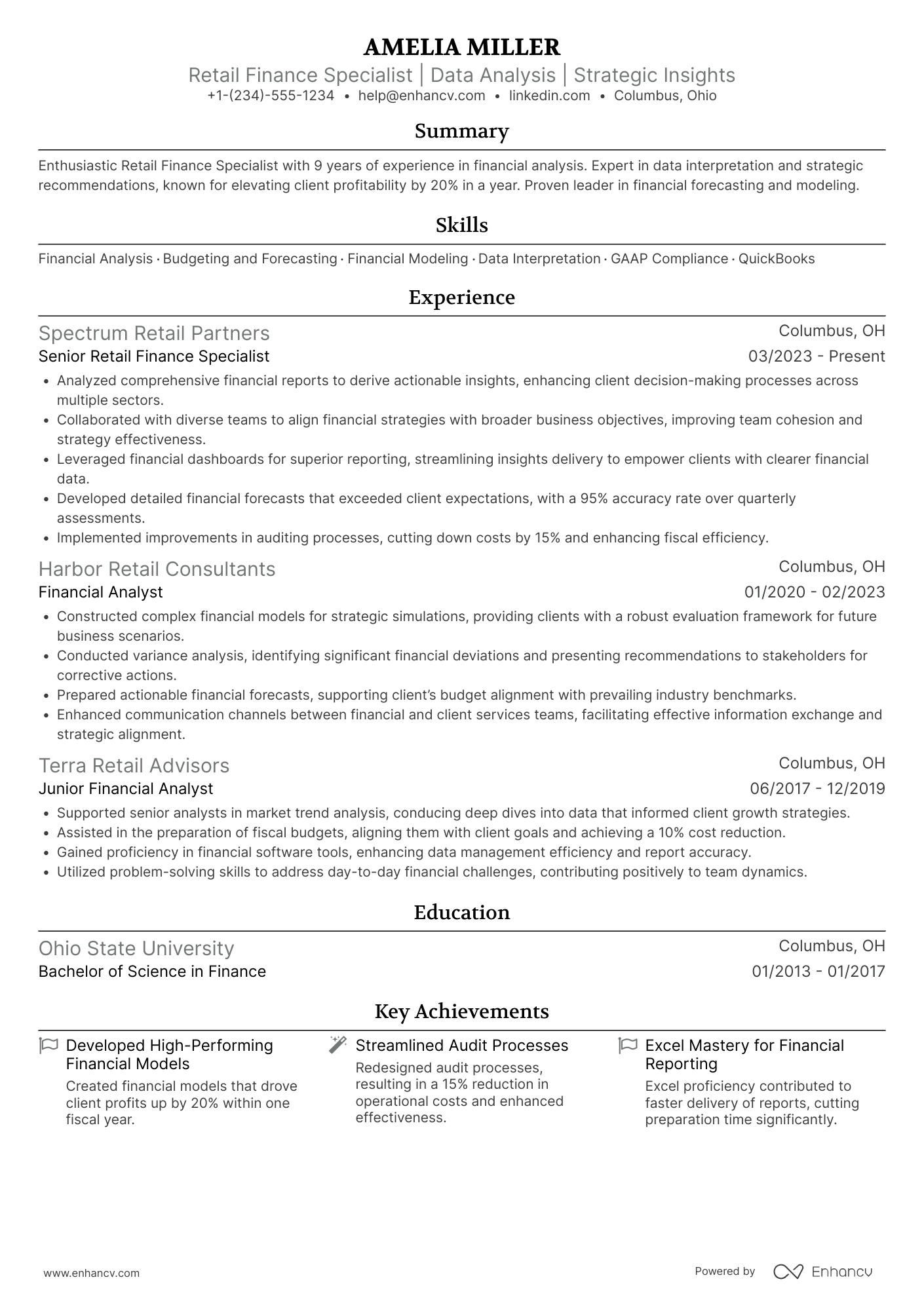 A resume example of a Retail Finance Specialist
