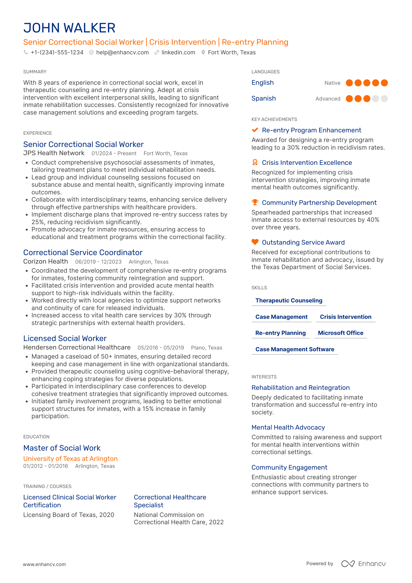 A resume example of a Correctional Facility Social Worker