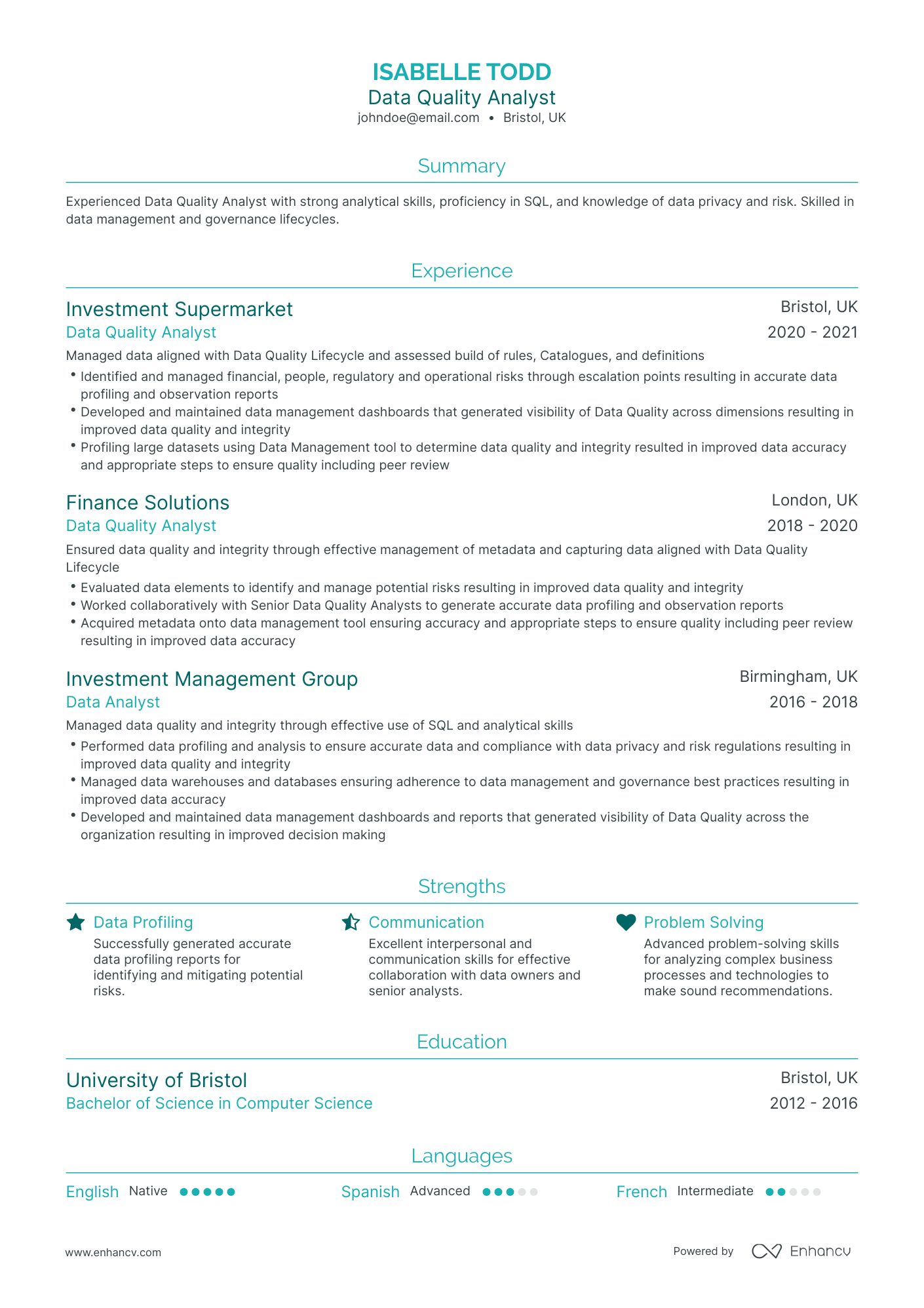 Traditional Data Quality Analyst Resume Template