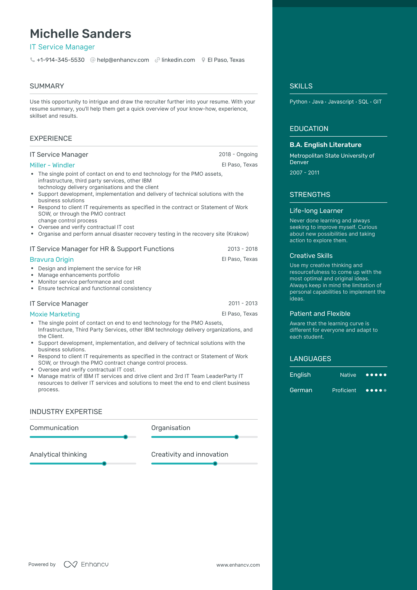 One Page IT Service Manager Resume Template