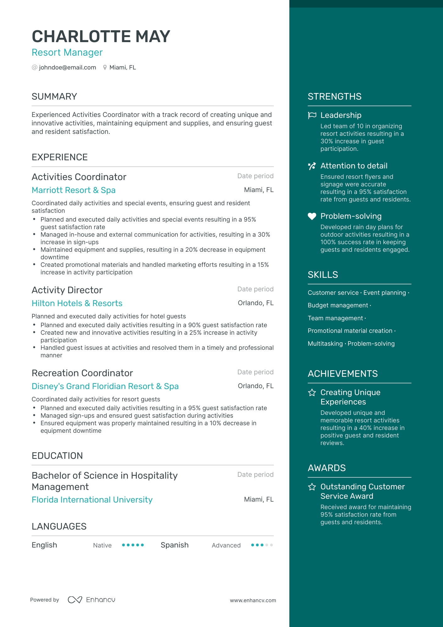 One Page Resort Manager Resume Template