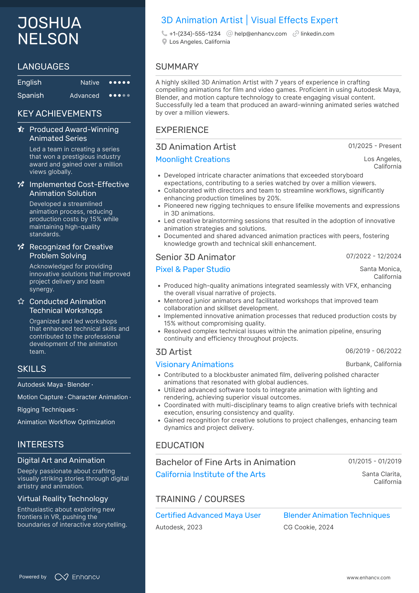 A resume example of a 3D Animation Artist