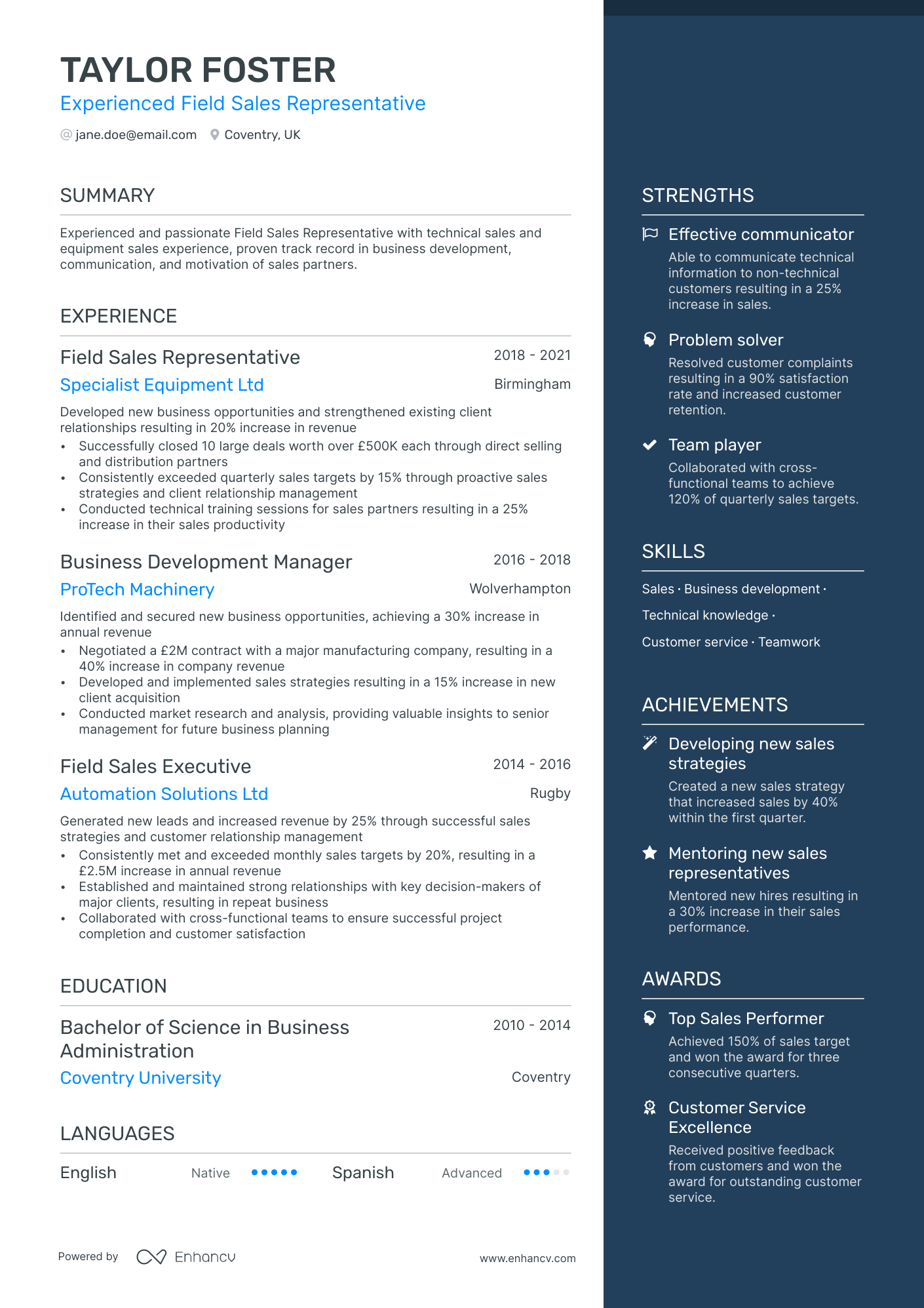 A resume example of a Field Sales Representative