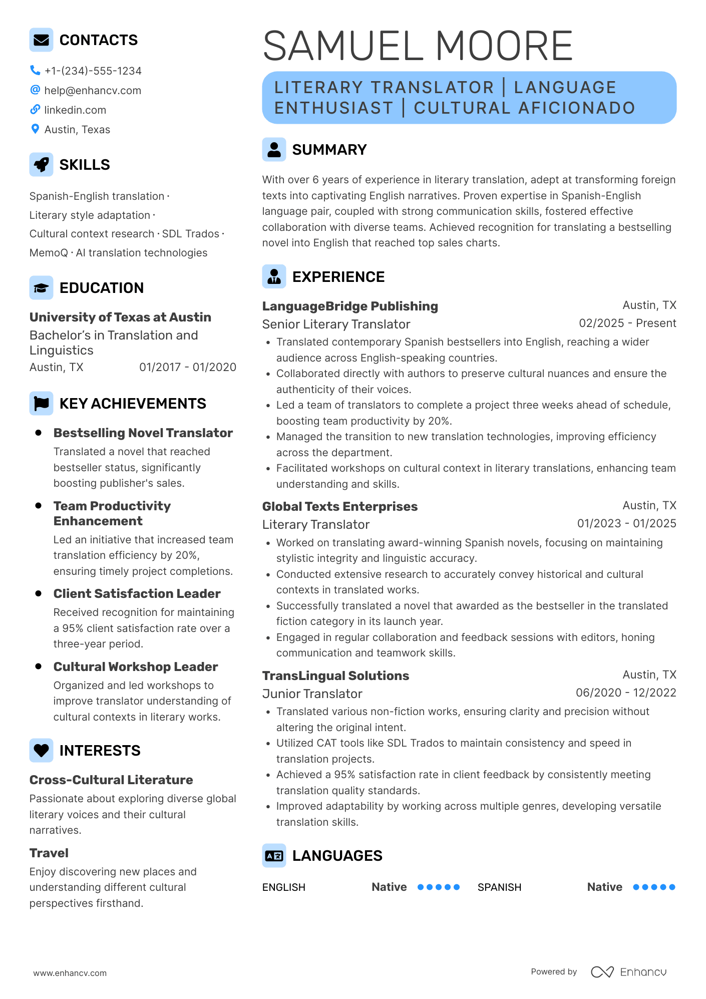 A resume example of a Literary Translator