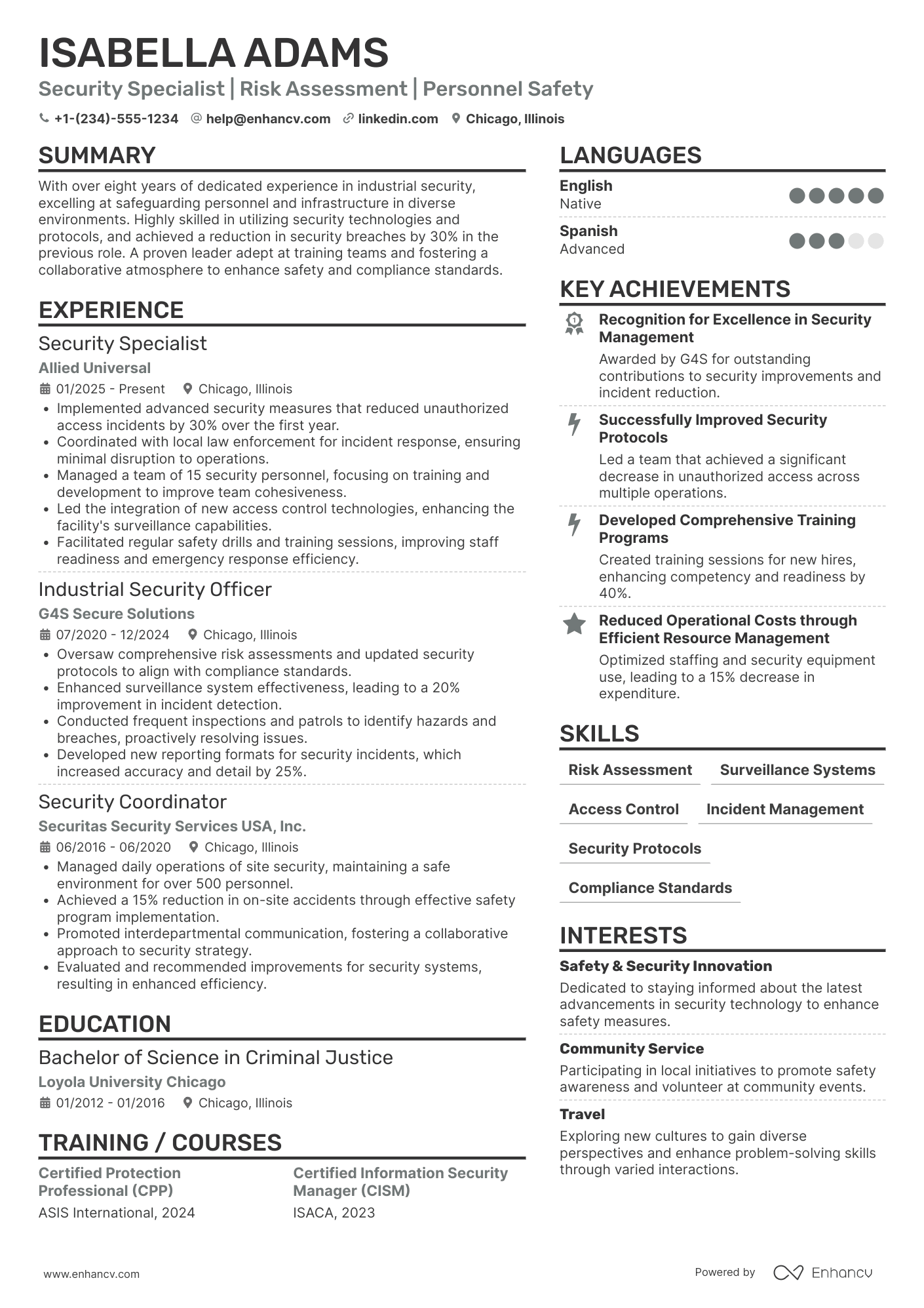 A resume example of a Industrial Security Officer