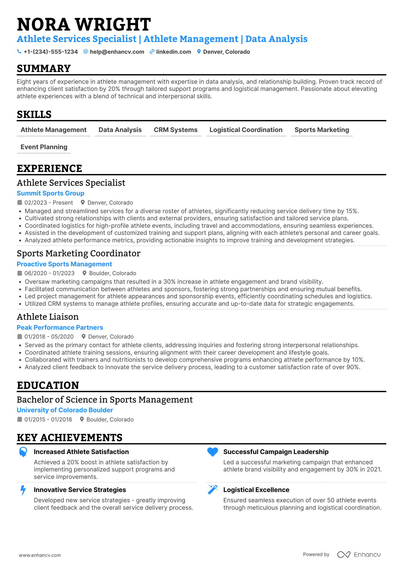 A resume example of a Athlete Services Specialist