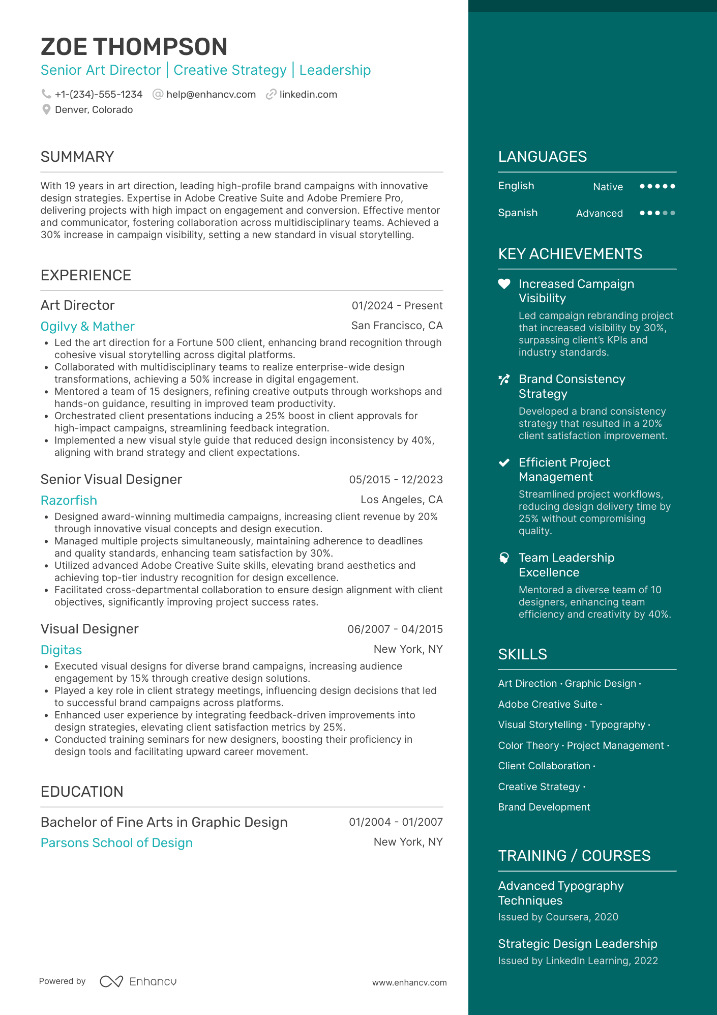 A resume example of a Senior Art Director