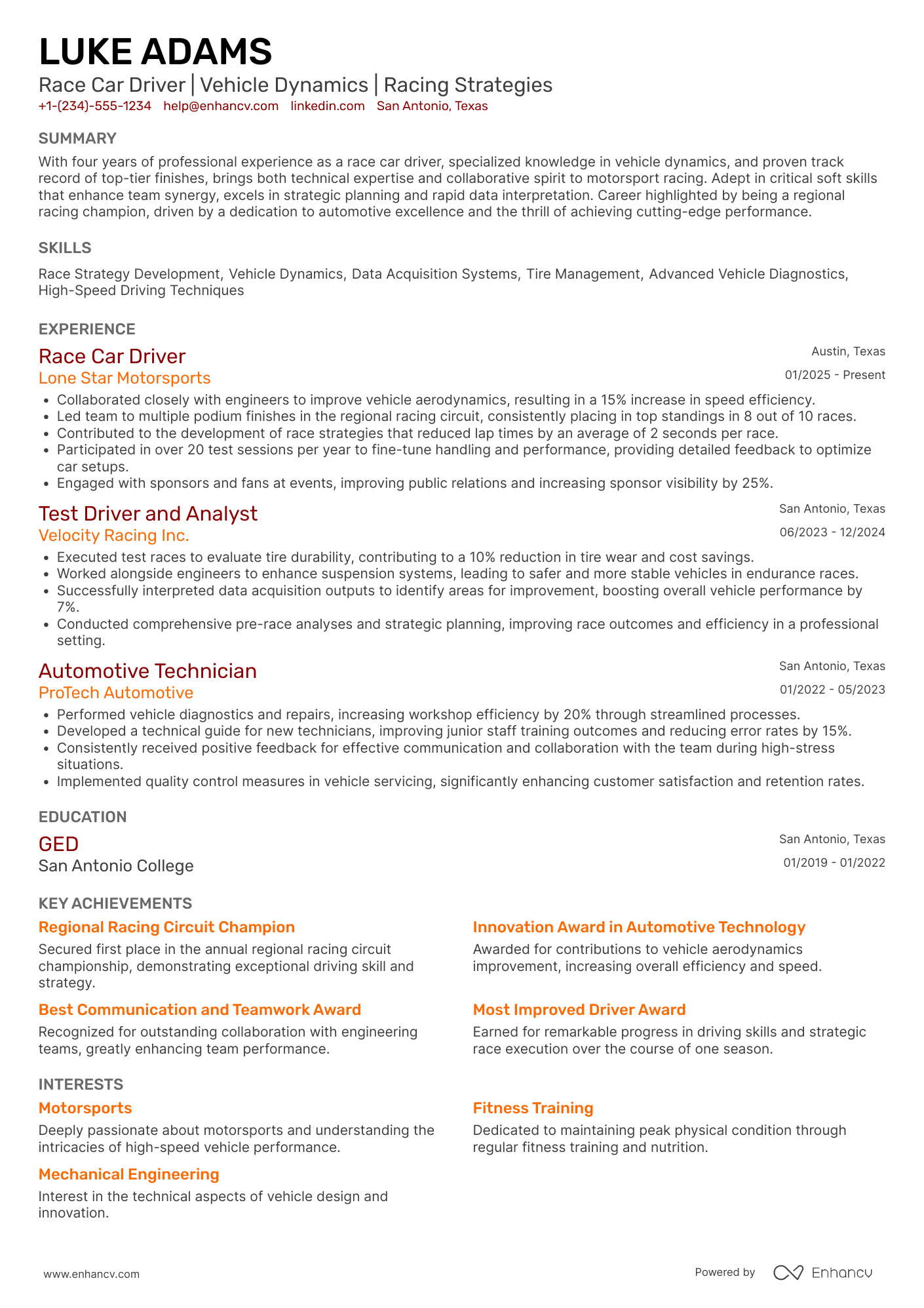 A resume example of a Race Car Driver