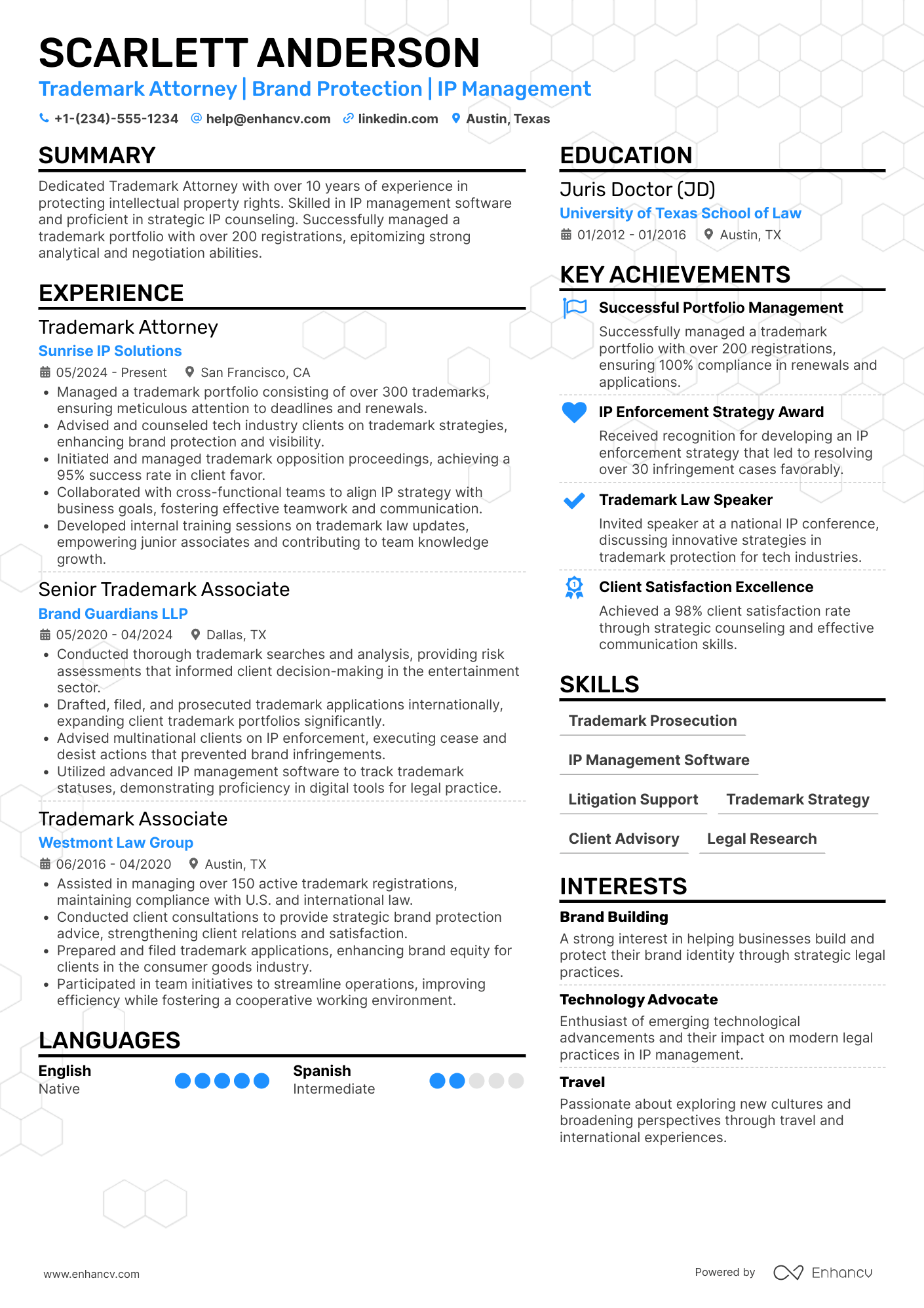 A resume example of a Trademark Attorney