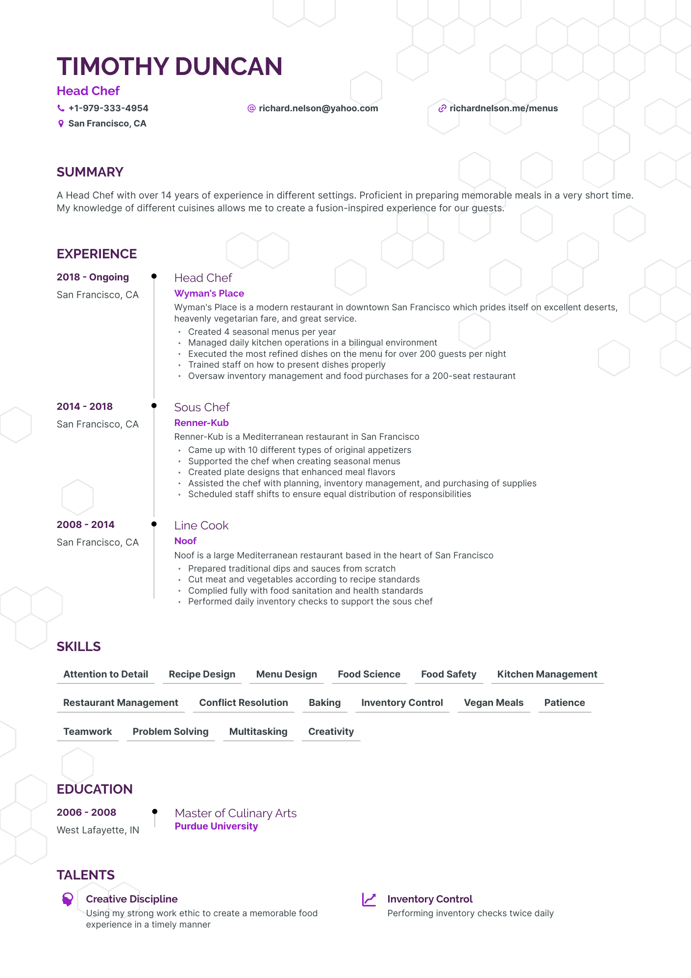 Timeline Chef Resume Template