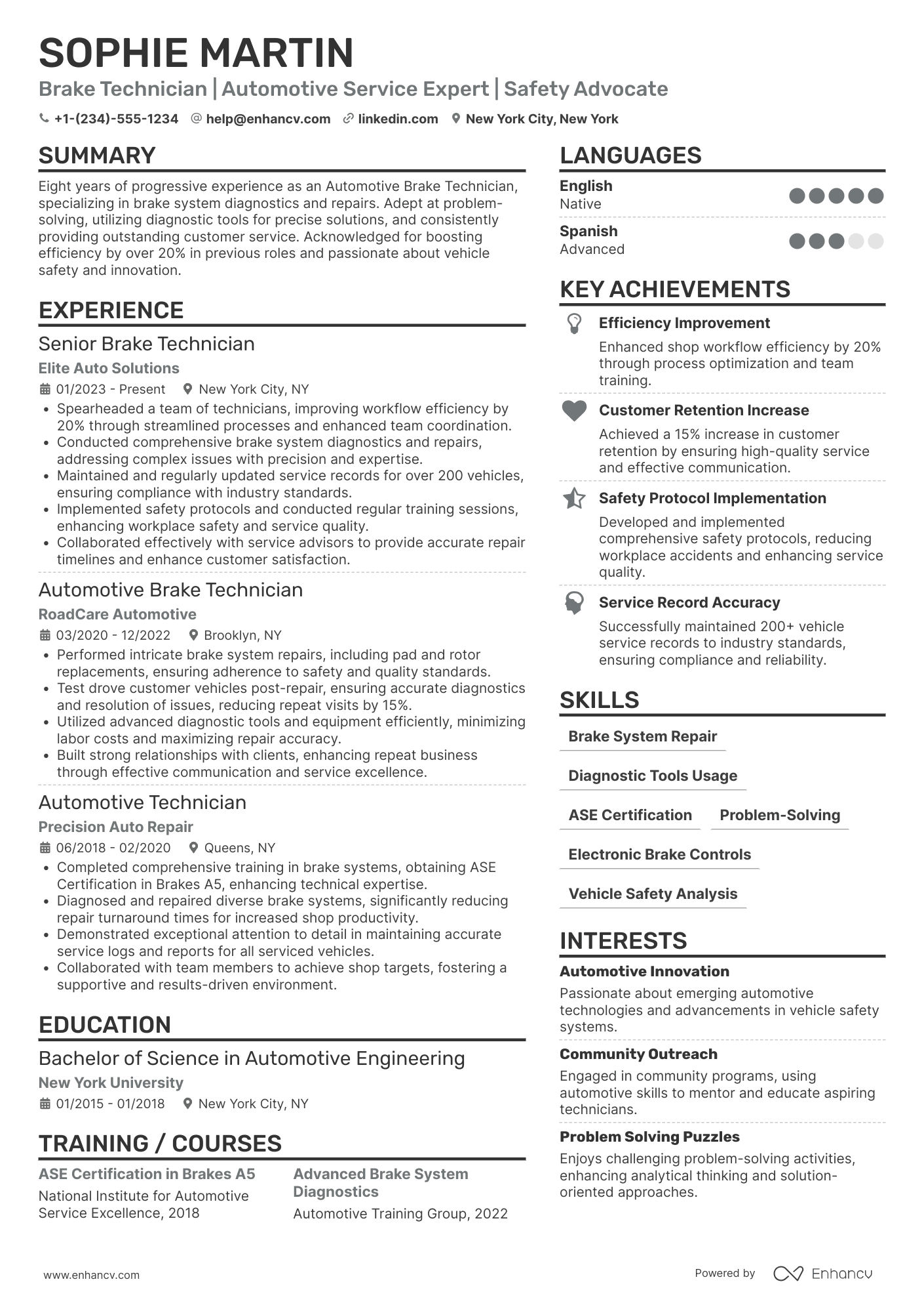 A resume example of a Automotive Brake Technician