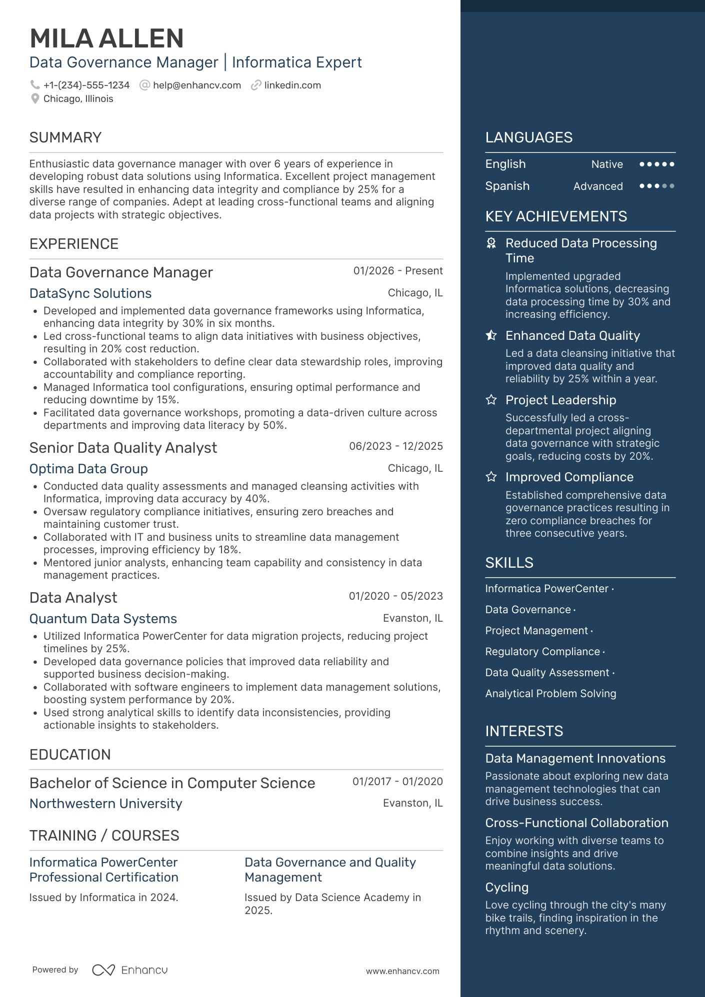 A resume example of a Informatica Data Governance Manager