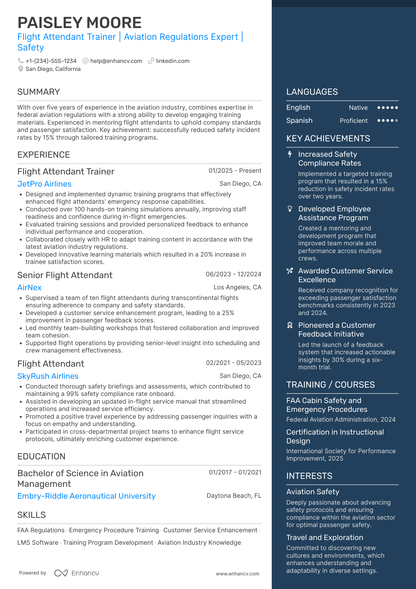 A resume example of a Flight Attendant Trainer