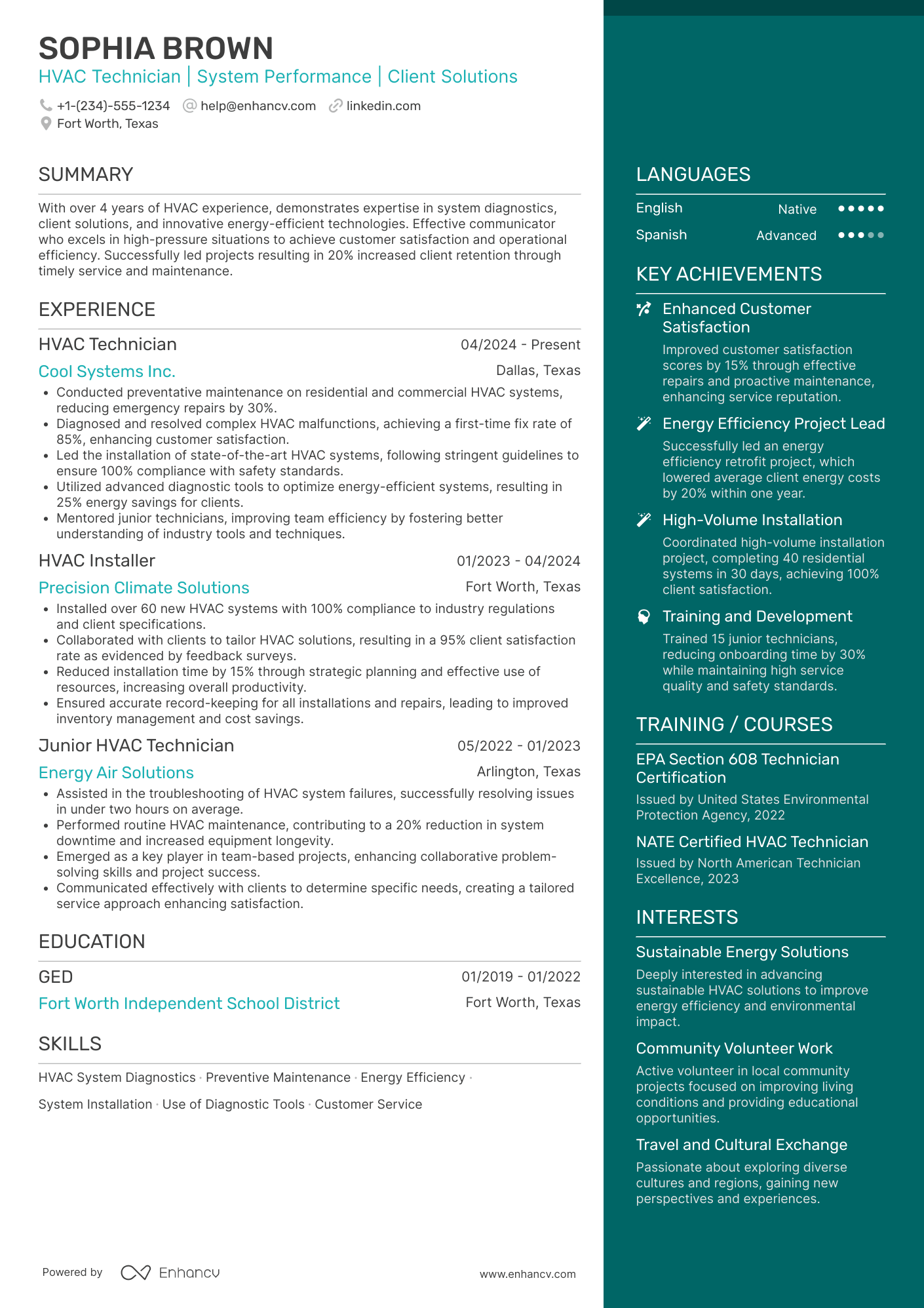 A resume example of a HVAC Technician